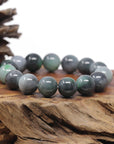 Baikalla Natural Vibrant Green & Black Wuji Jadeite Jade Round Bead Bracelet (13.5 mm)
