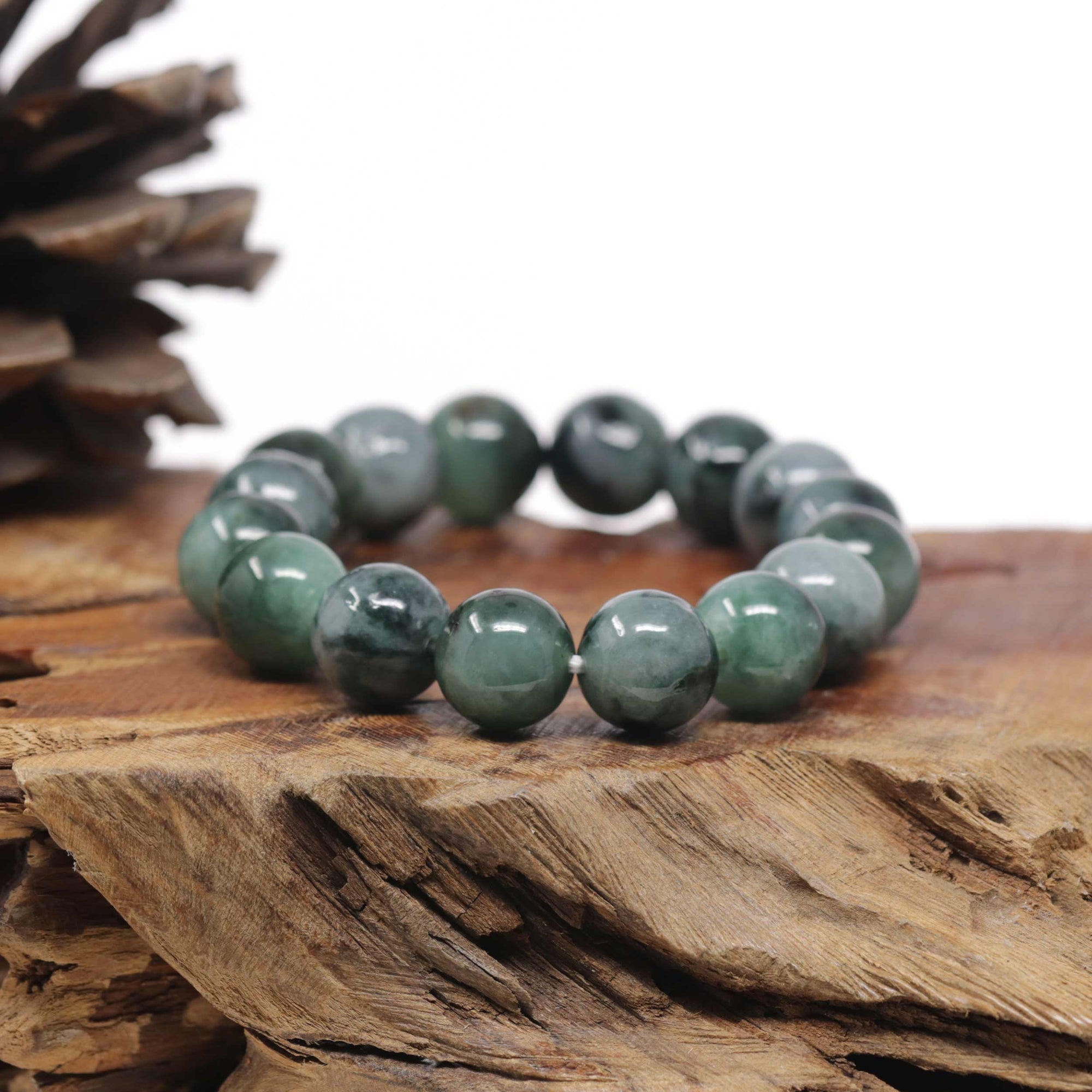 Baikalla Natural Vibrant Green &amp; Black Wuji Jadeite Jade Round Bead Bracelet (13mm)