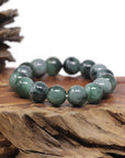Baikalla Natural Vibrant Green & Black Wuji Jadeite Jade Round Bead Bracelet (13mm)