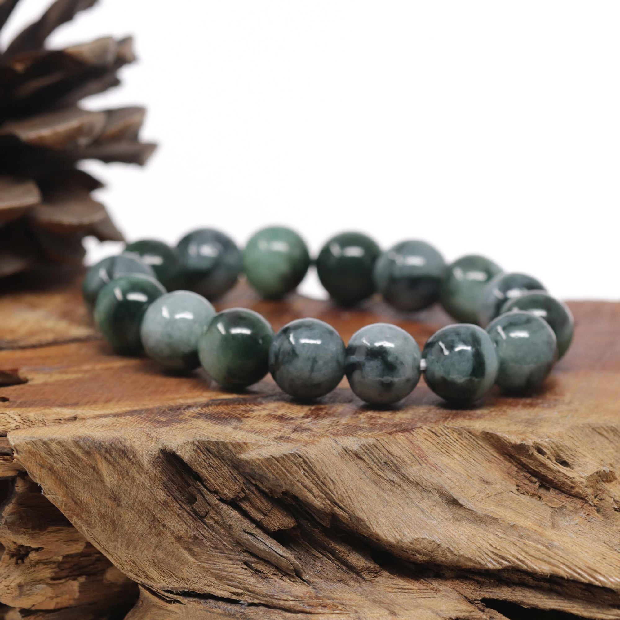 Baikalla Natural Vibrant Green &amp; Black Wuji Jadeite Jade Round Bead Bracelet (13mm)