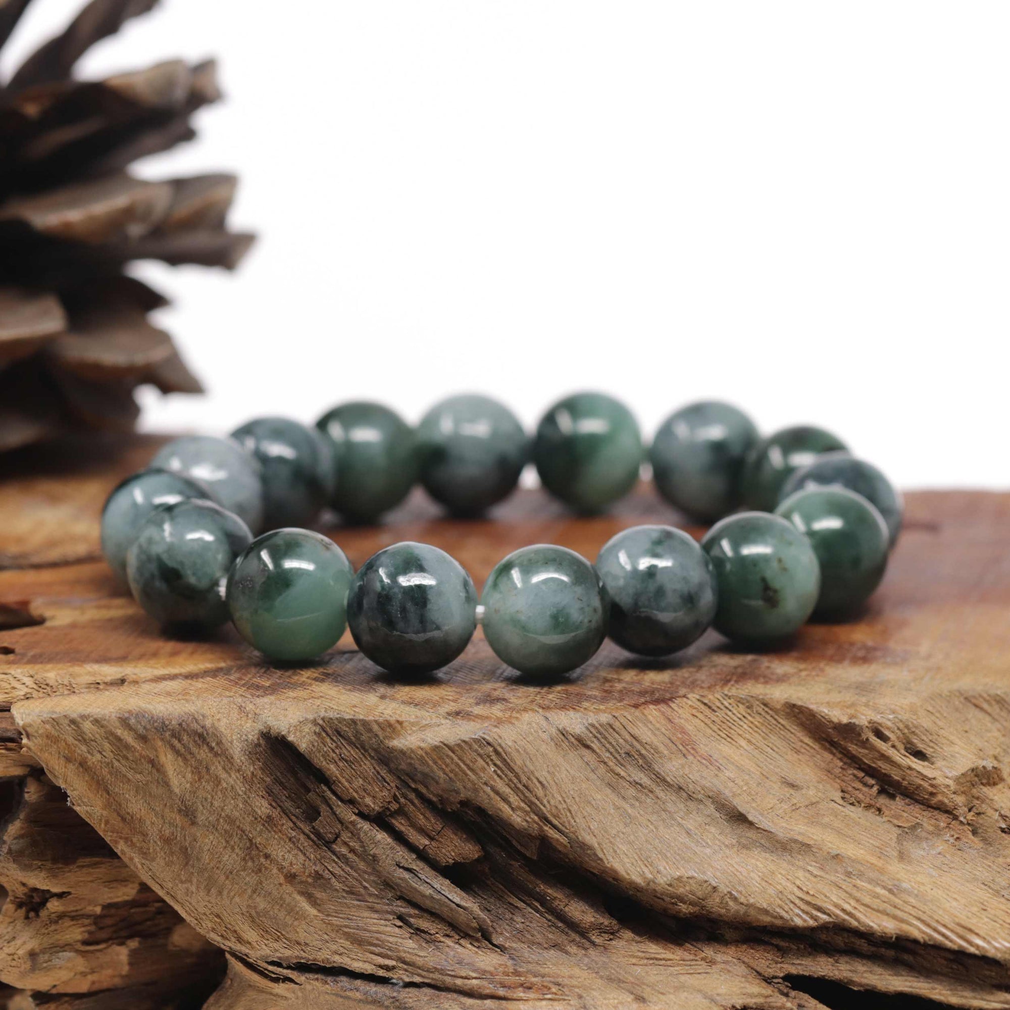 Baikalla Natural Vibrant Green &amp; Black Wuji Jadeite Jade Round Bead Bracelet (13mm)