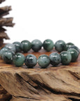 Baikalla Natural Vibrant Green & Black Wuji Jadeite Jade Round Bead Bracelet (13mm)