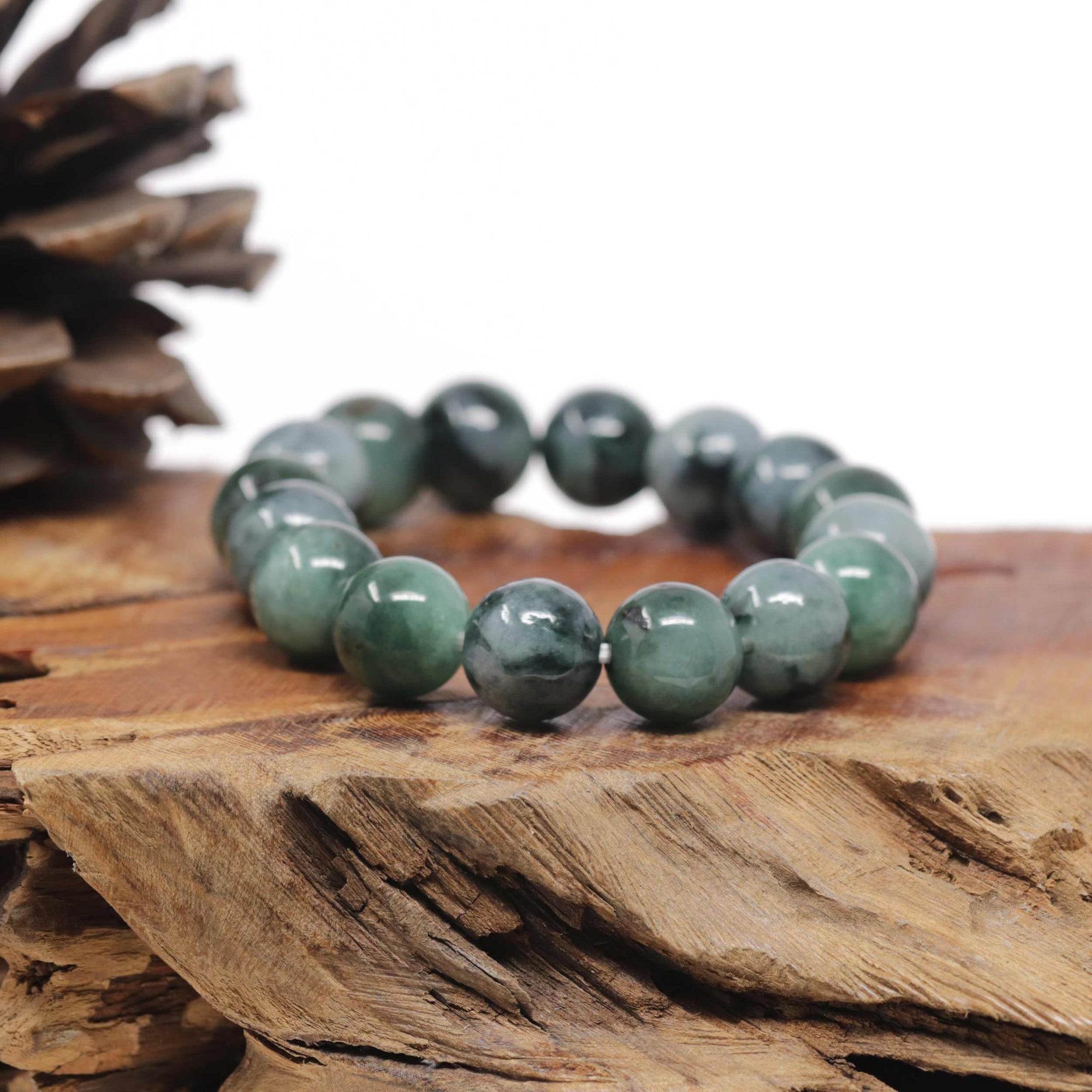 Baikalla Natural Vibrant Green &amp; Black Wuji Jadeite Jade Round Bead Bracelet (13mm)