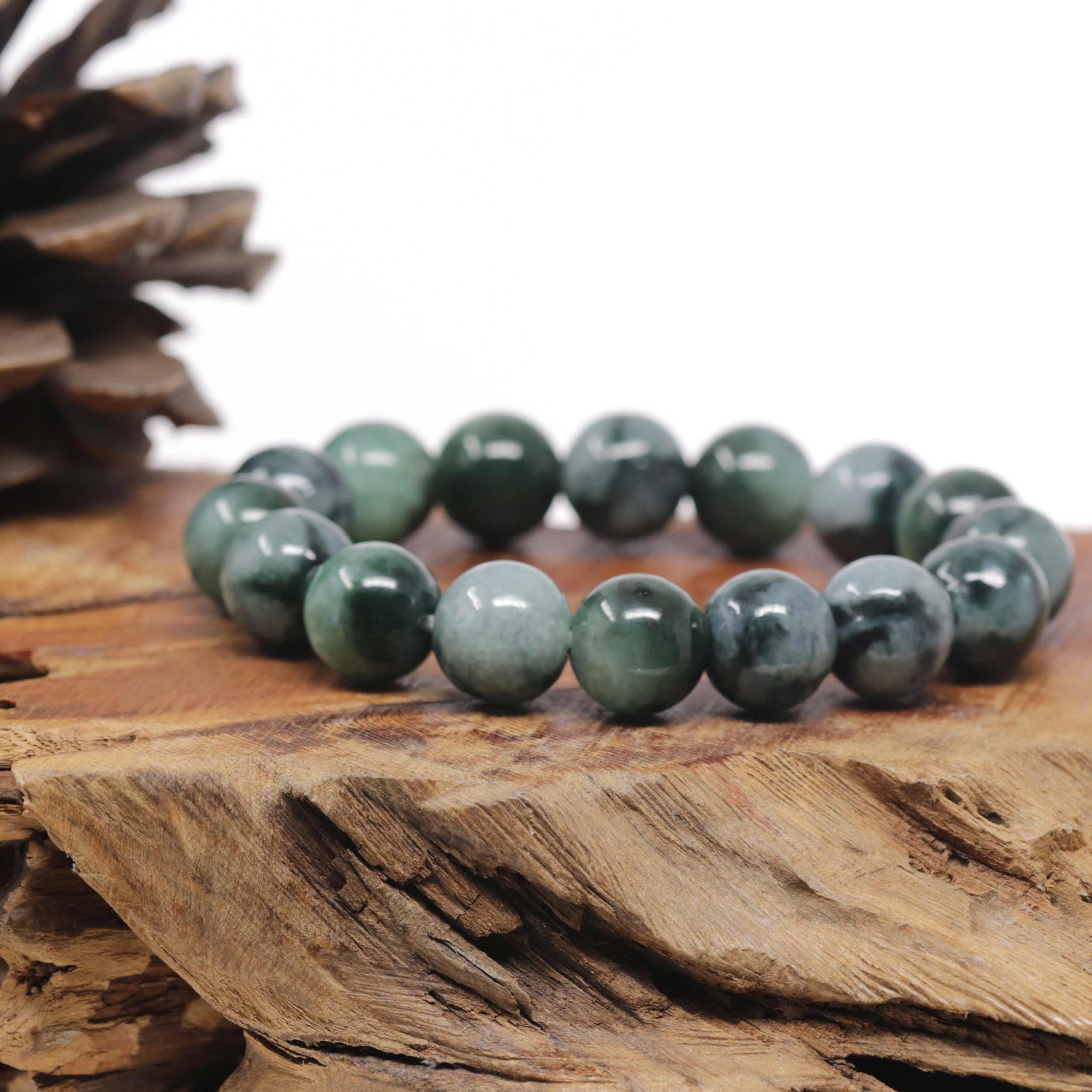 Baikalla Natural Vibrant Green &amp; Black Wuji Jadeite Jade Round Bead Bracelet (13mm)