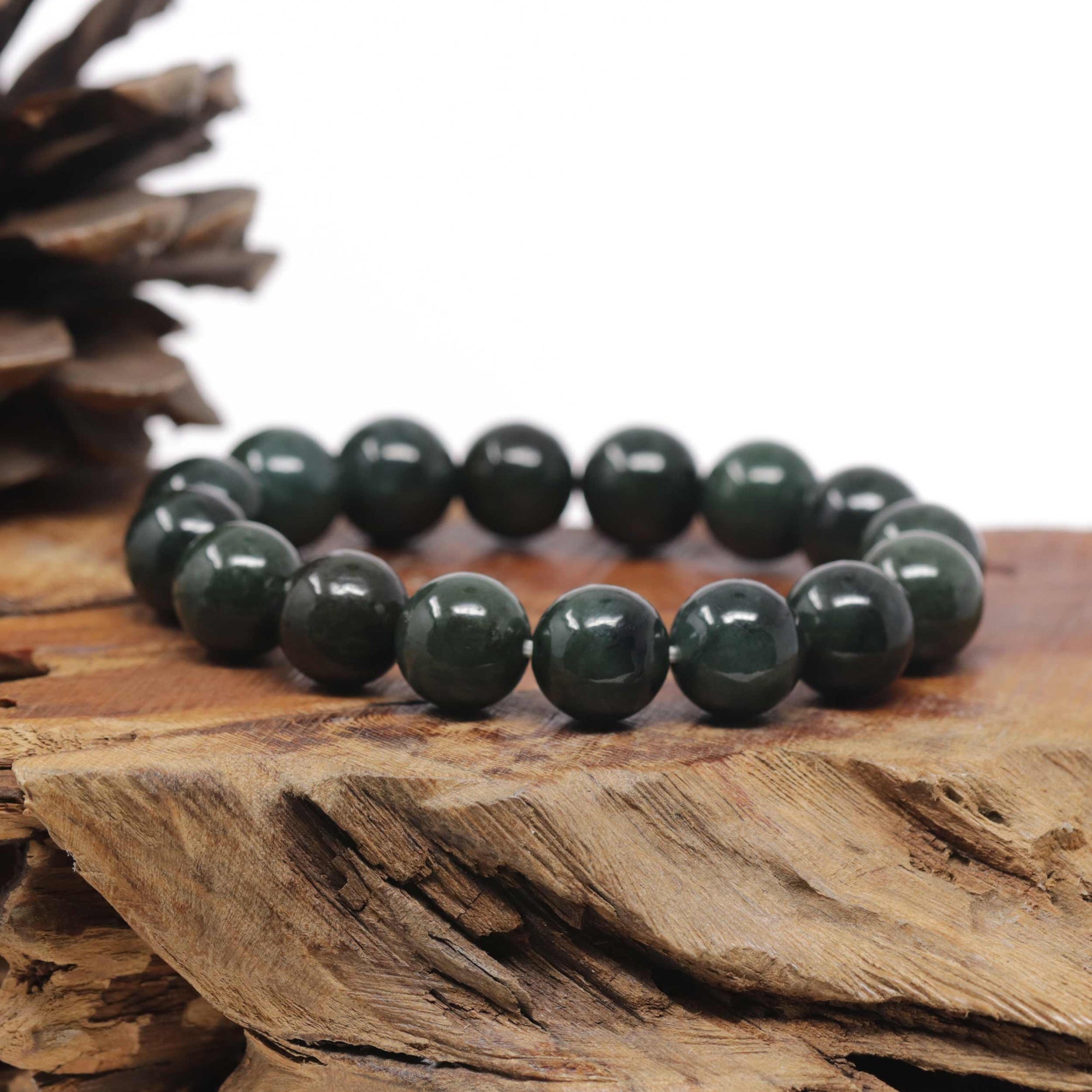 Baikalla Oil-Green Genuine Jadeite Jade Large Round Bead Bracelet (12.5mm)
