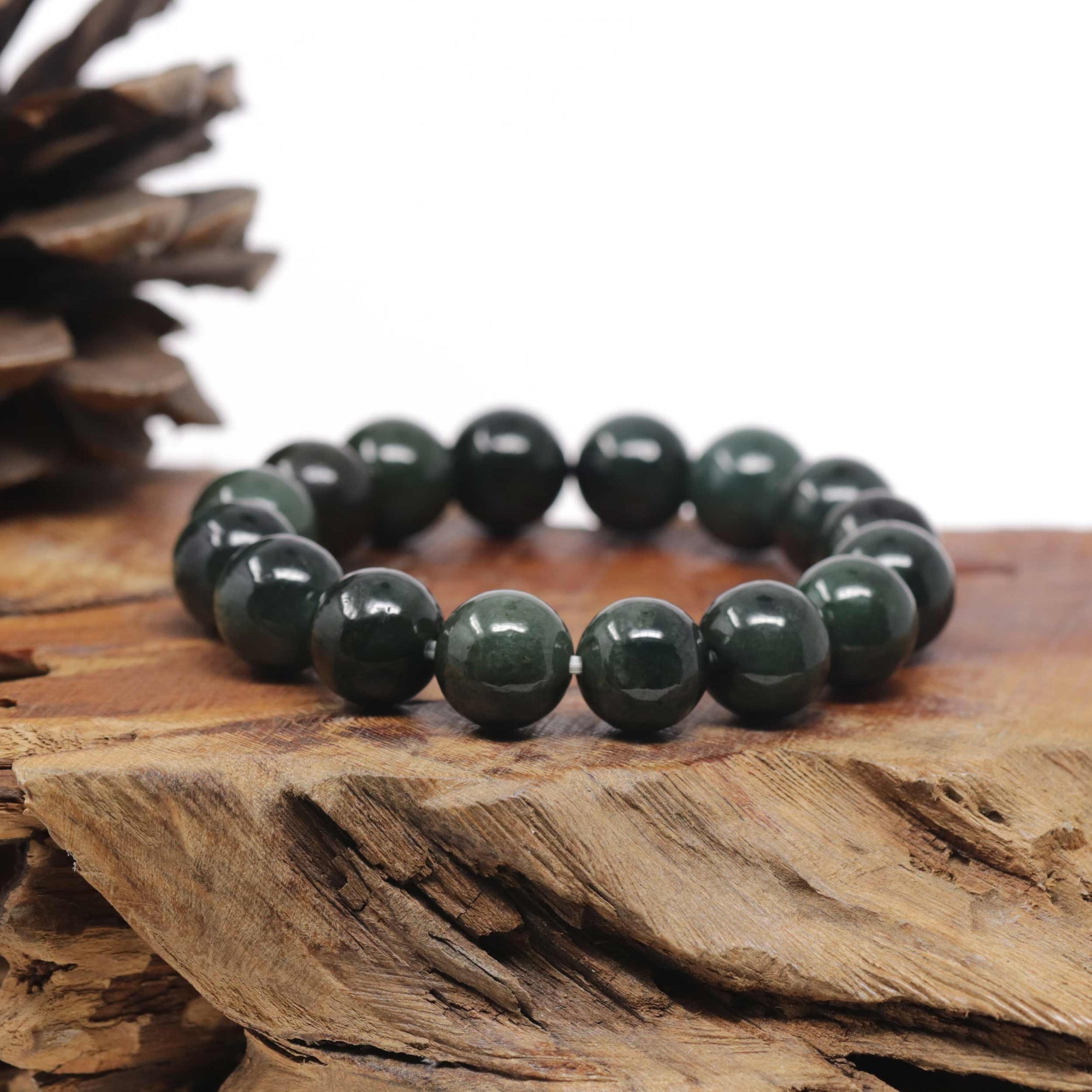 Baikalla Oil-Green Genuine Jadeite Jade Large Round Bead Bracelet (12.5mm)
