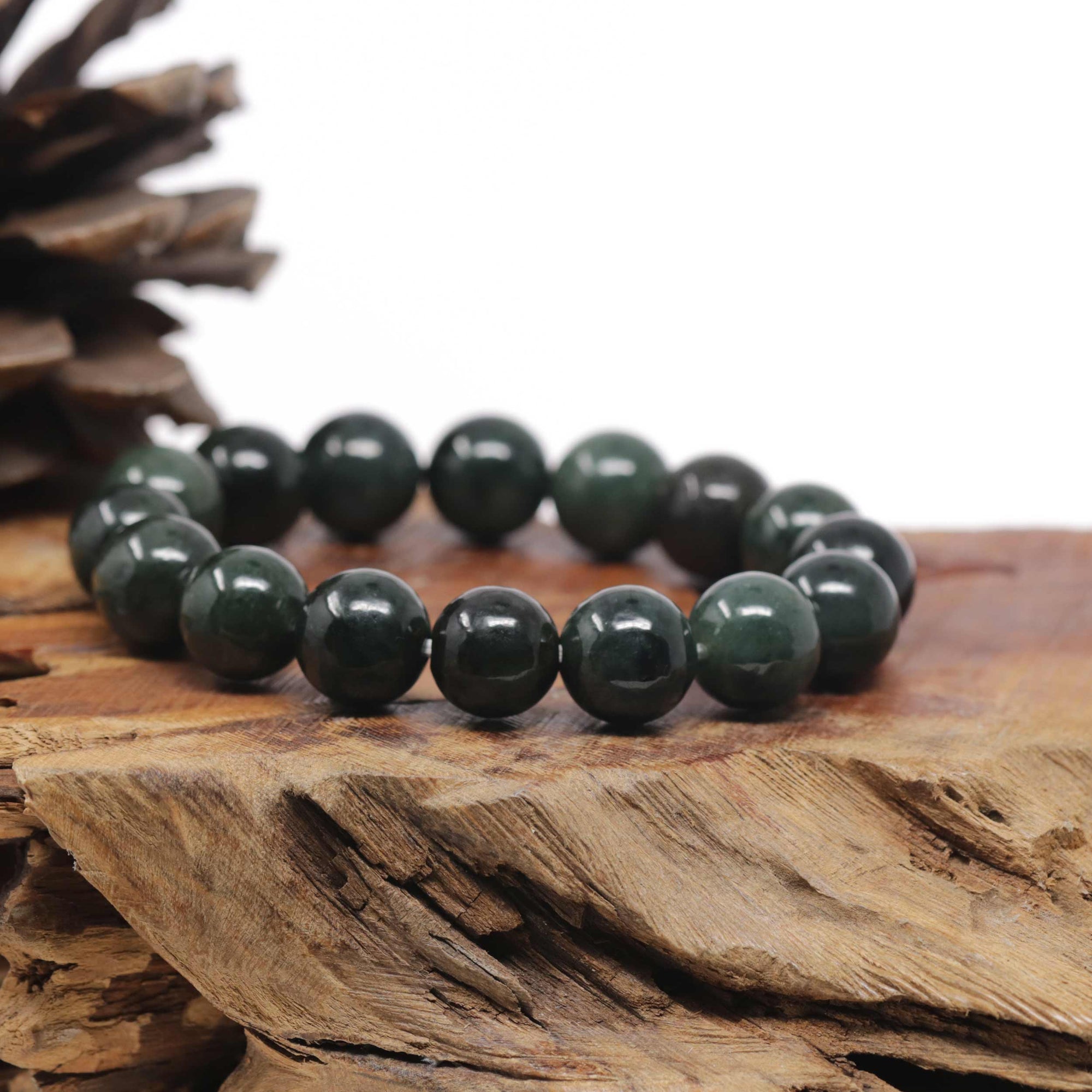 Baikalla Oil-Green Genuine Jadeite Jade Large Round Bead Bracelet (12.5mm)