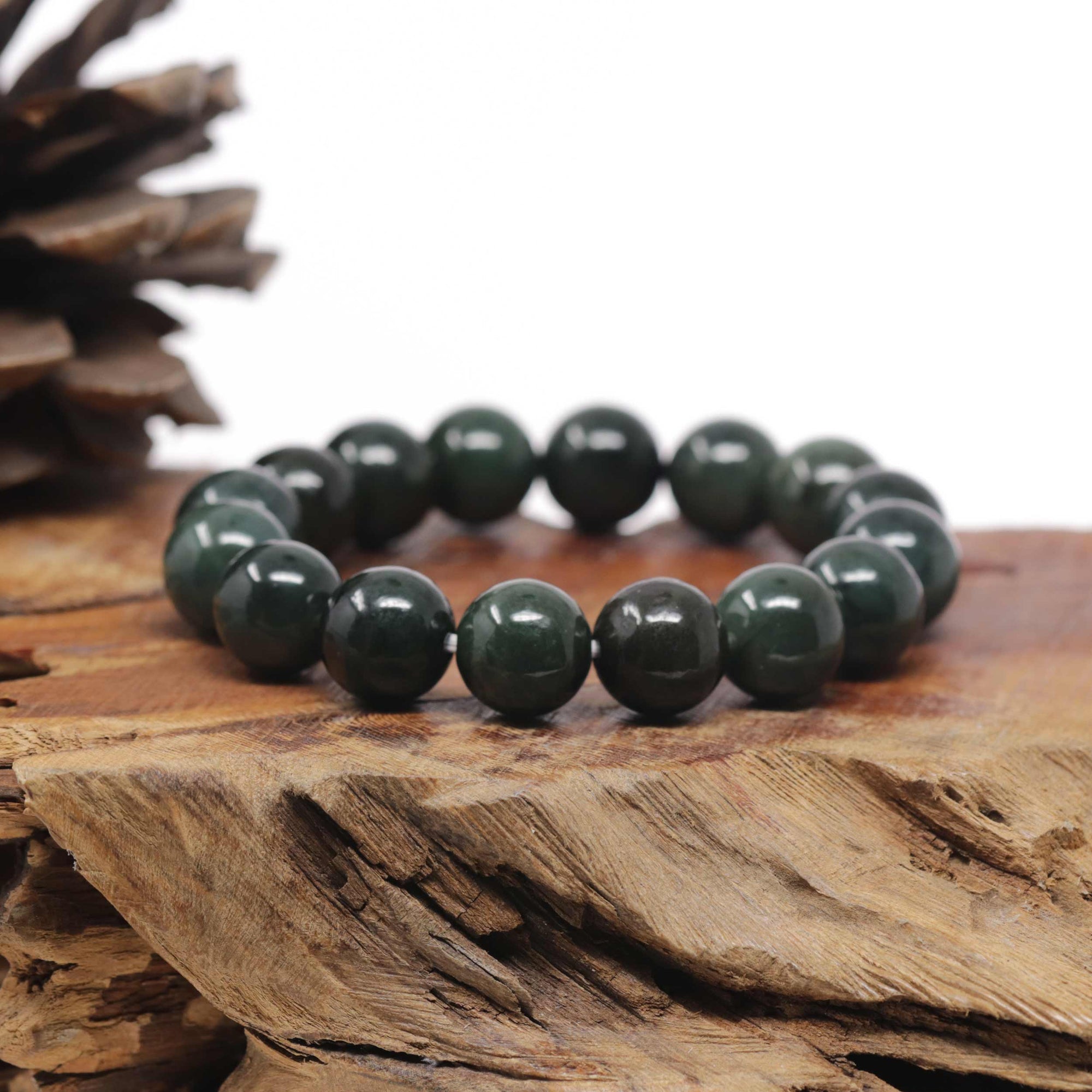 Baikalla Oil-Green Genuine Jadeite Jade Large Round Bead Bracelet (12.5mm)