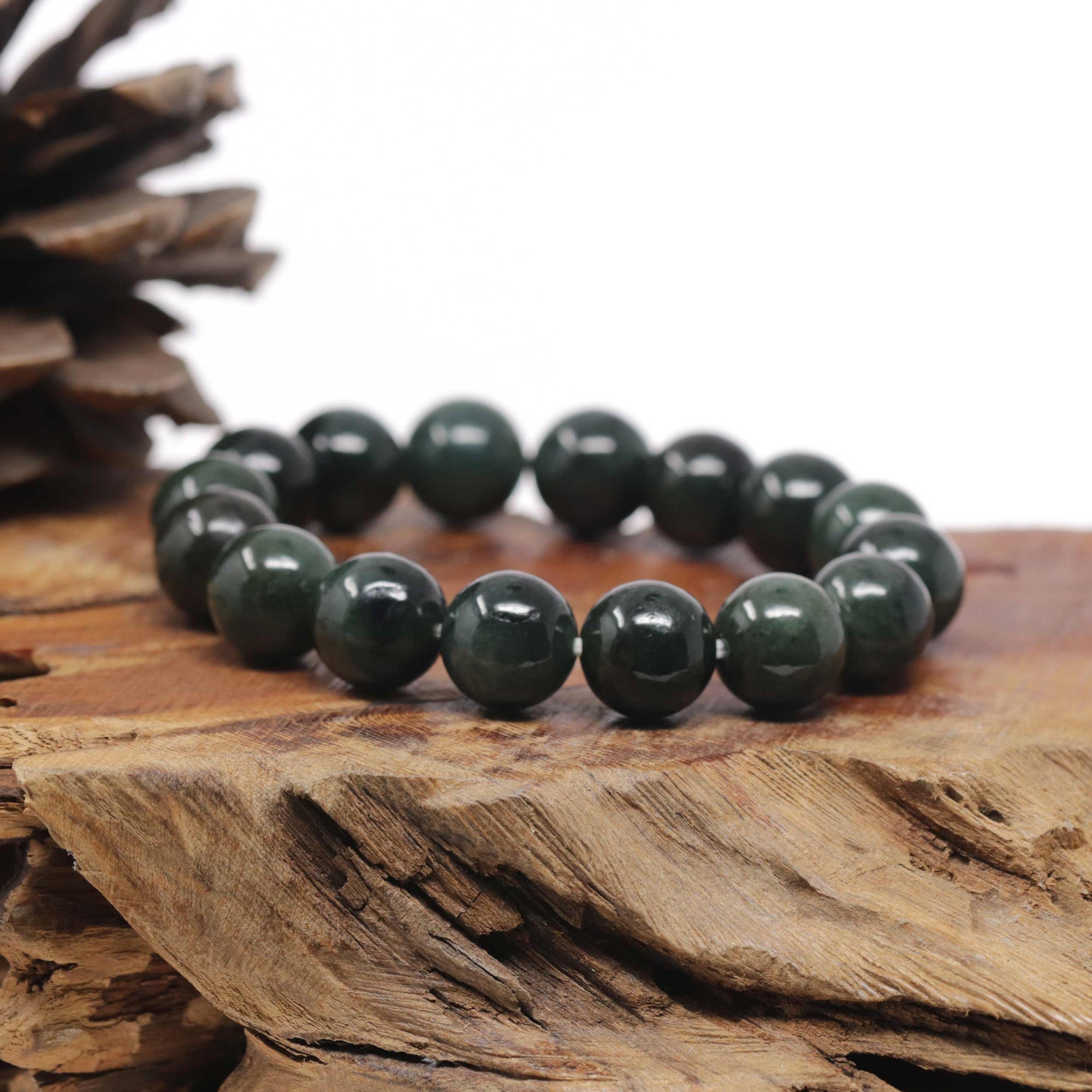 Baikalla Oil-Green Genuine Jadeite Jade Large Round Bead Bracelet (12.5mm)