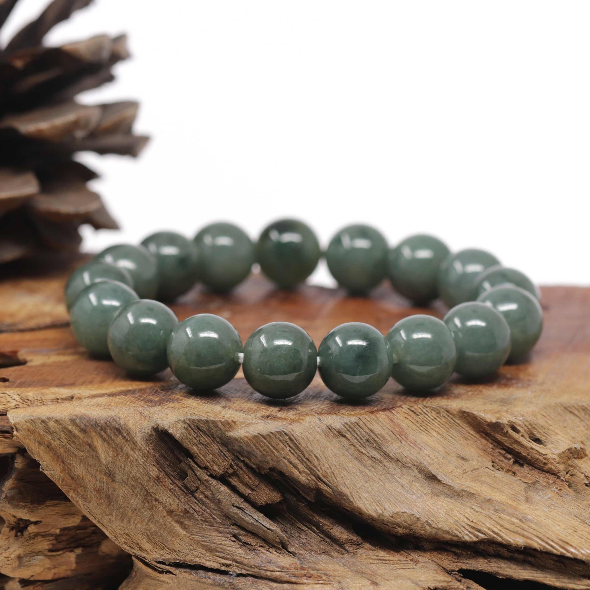 Baikalla Oil-Green Jadeite Jade Large Round Bead Bracelet (12.5mm)