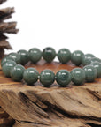 Baikalla Oil-Green Jadeite Jade Large Round Bead Bracelet (12.5mm)