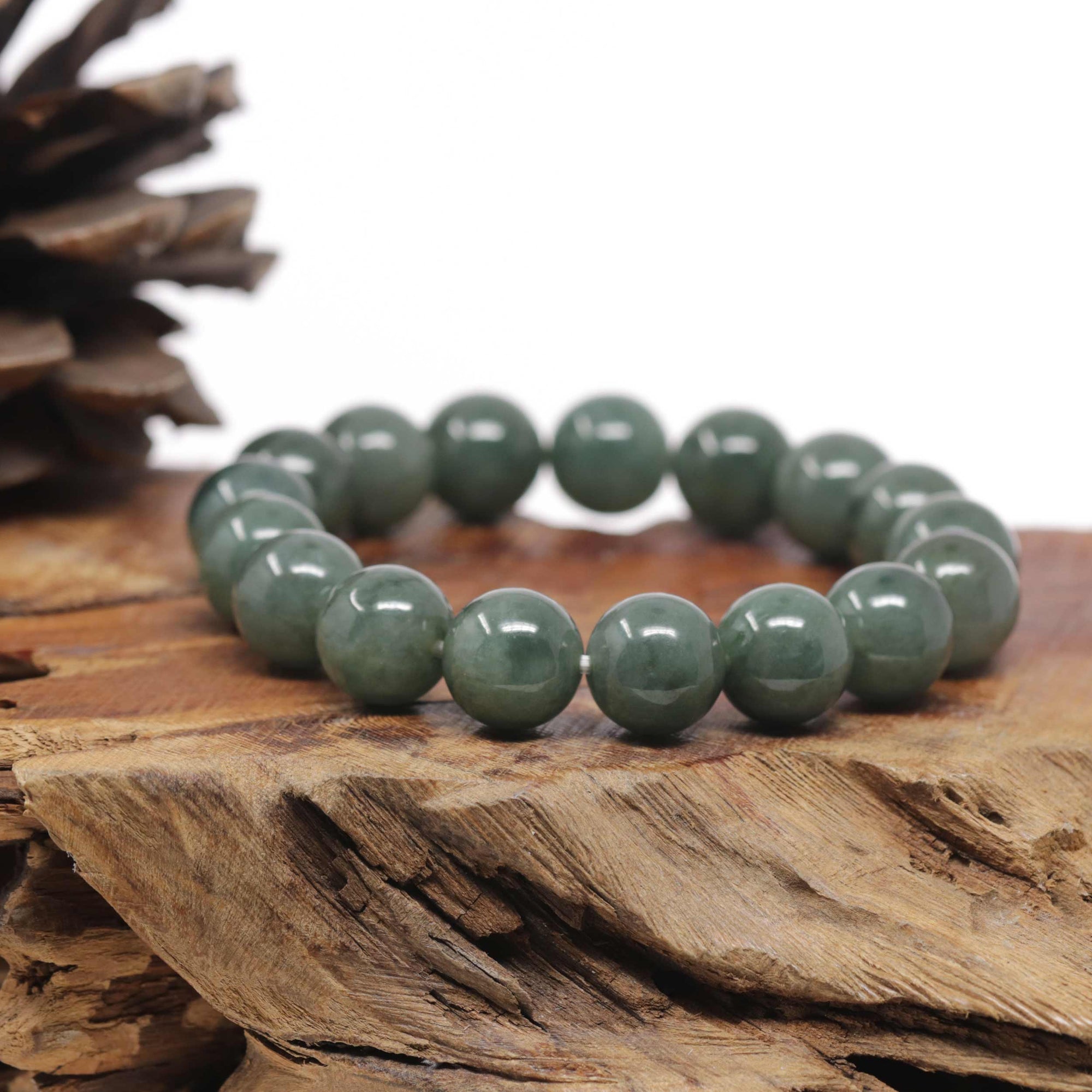 Baikalla Oil-Green Jadeite Jade Large Round Bead Bracelet (12.5mm)