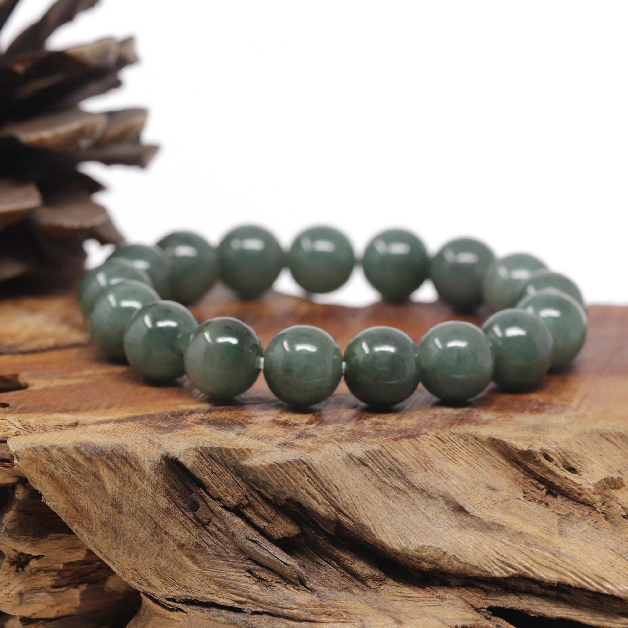 Baikalla Oil-Green Jadeite Jade Large Round Bead Bracelet (12.5mm)