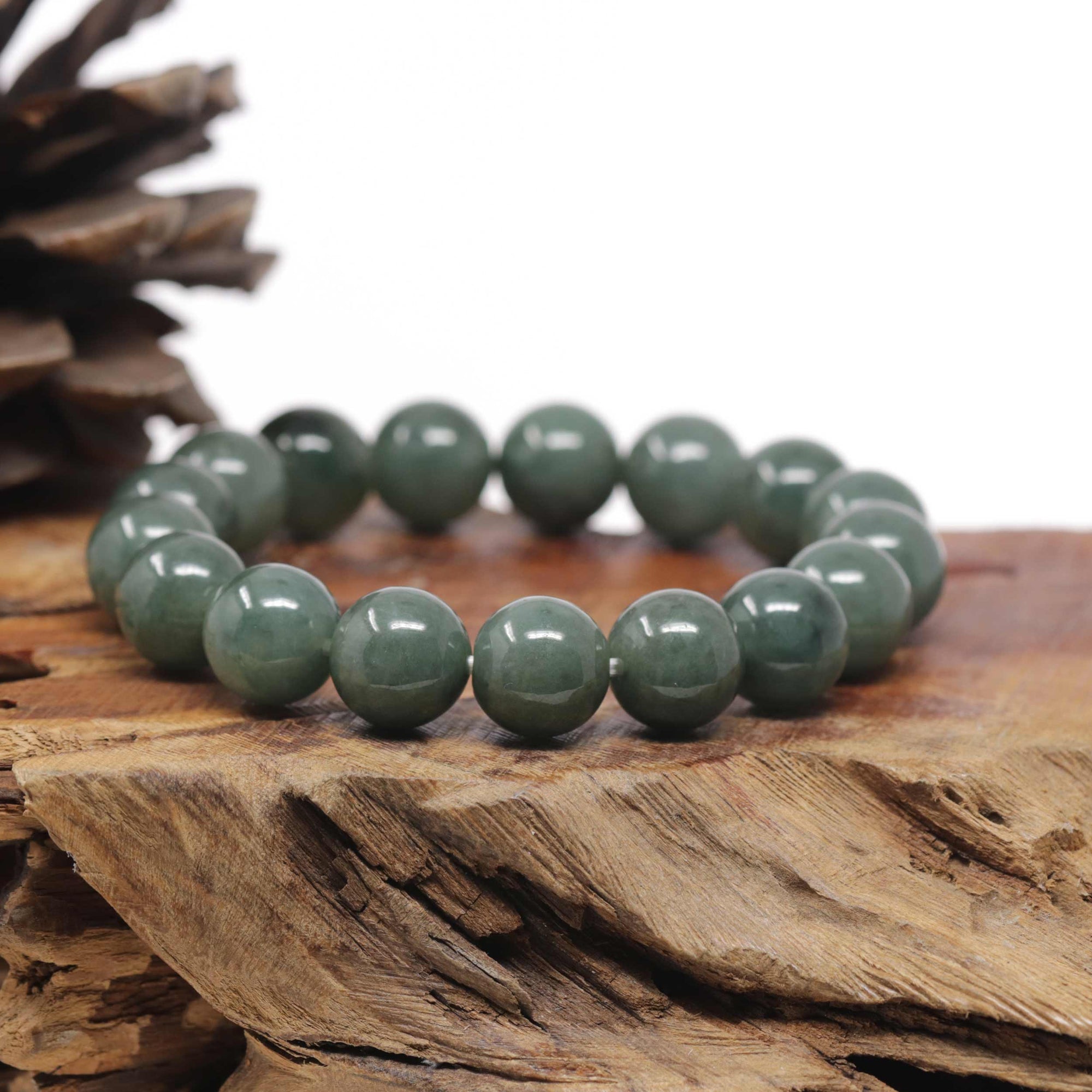 Baikalla Oil-Green Jadeite Jade Large Round Bead Bracelet (12.5mm)
