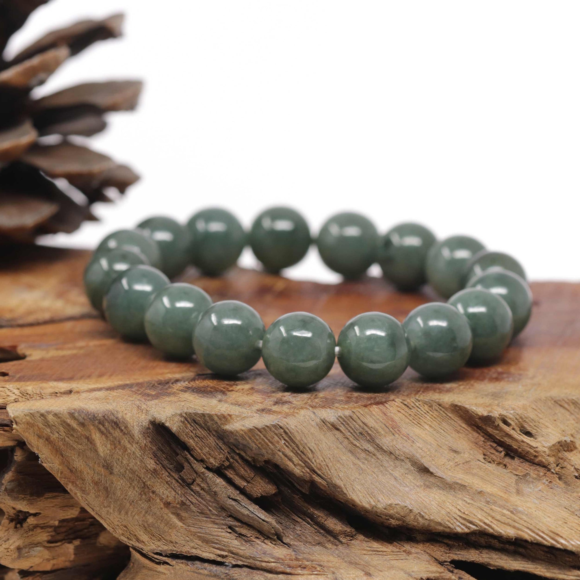 Baikalla Oil-Green Jadeite Jade Large Round Bead Bracelet (12.5mm)