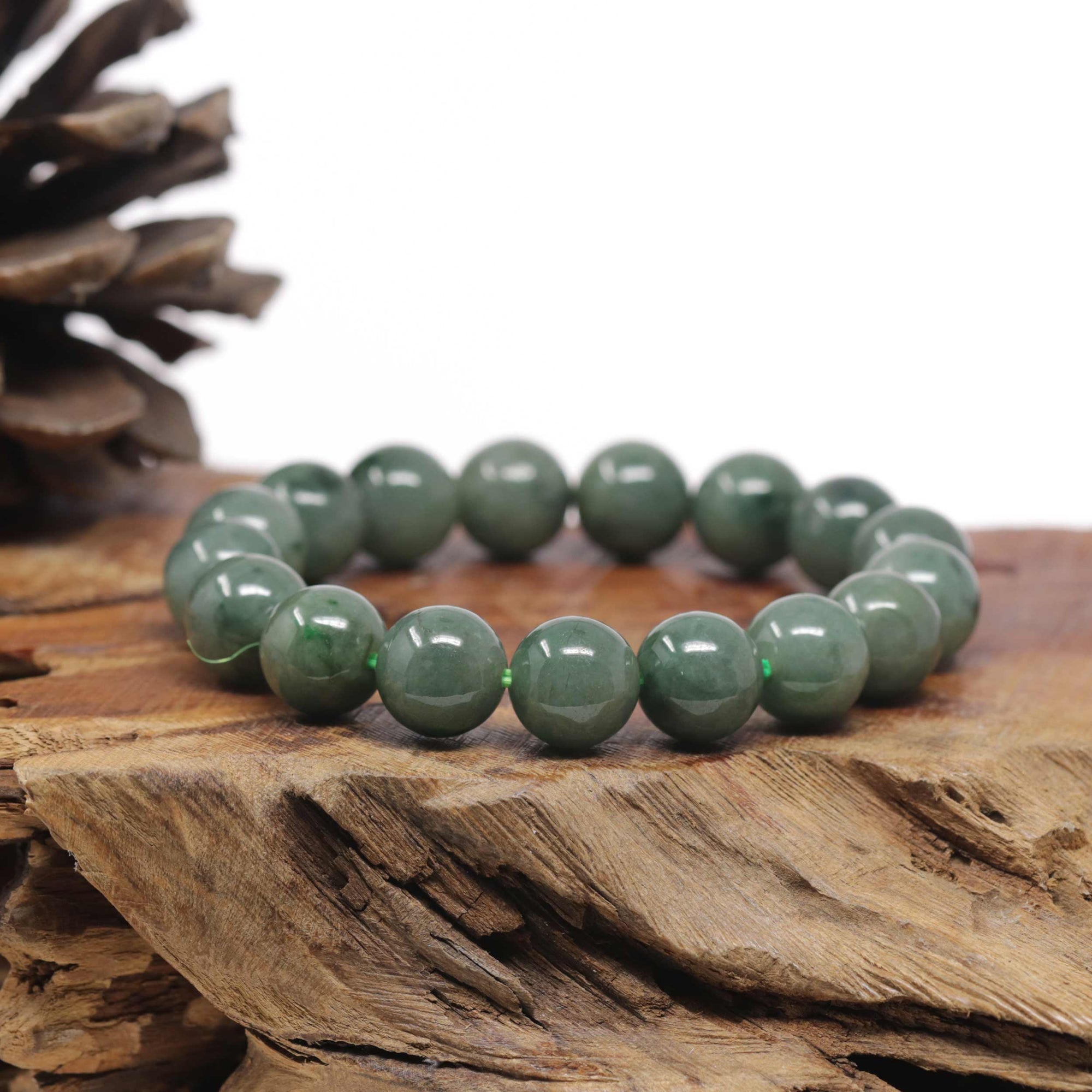 Baikalla Forest-Green Nephrite Jade Large Round Bead Bracelet (12mm)