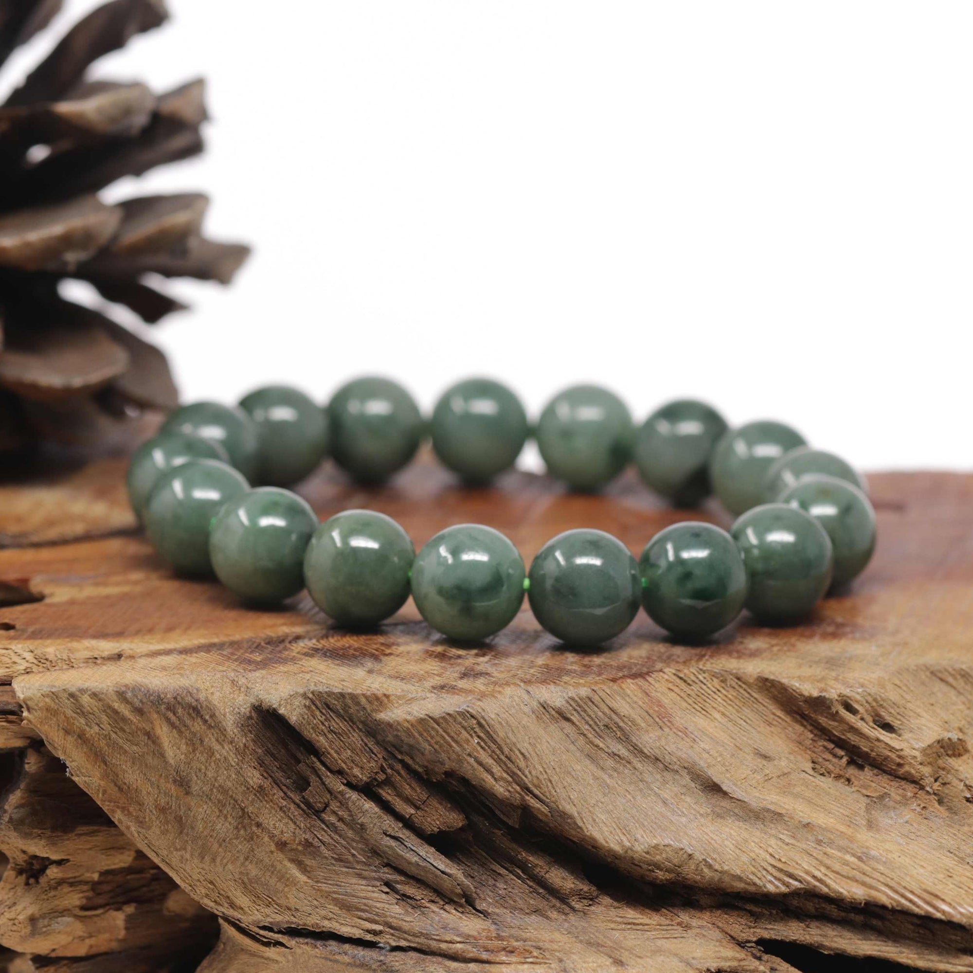 Baikalla Forest-Green Nephrite Jade Large Round Bead Bracelet (12mm)