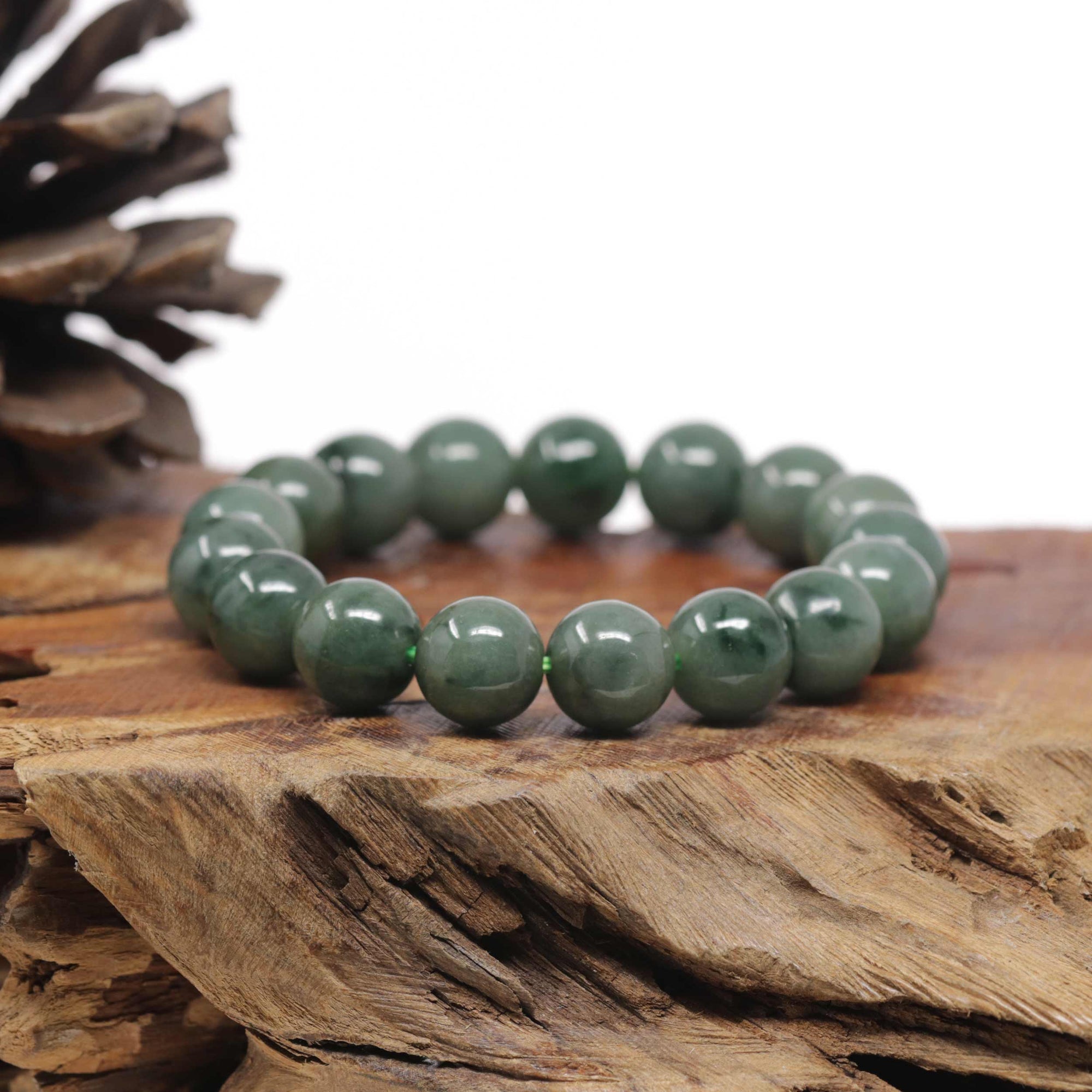 Baikalla Forest-Green Nephrite Jade Large Round Bead Bracelet (12mm)