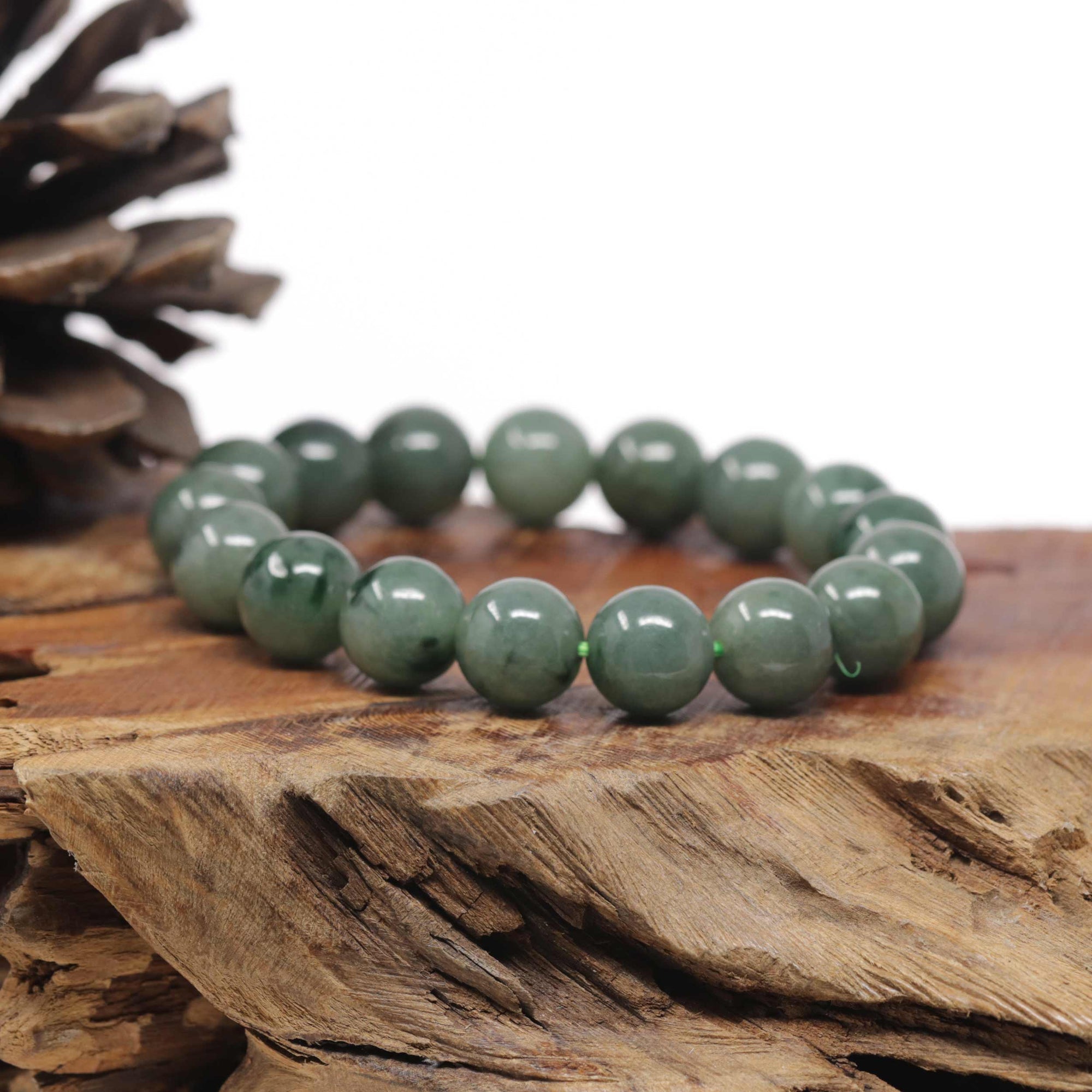 Baikalla Forest-Green Nephrite Jade Large Round Bead Bracelet (12mm)