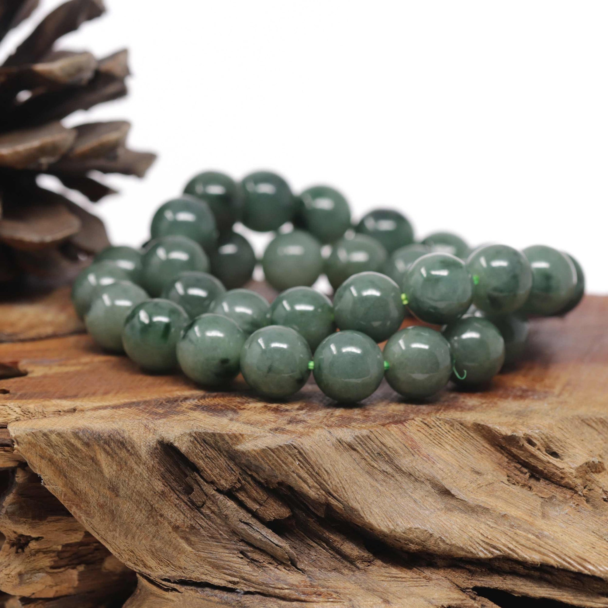Baikalla Forest-Green Nephrite Jade Large Round Bead Bracelet (12mm)
