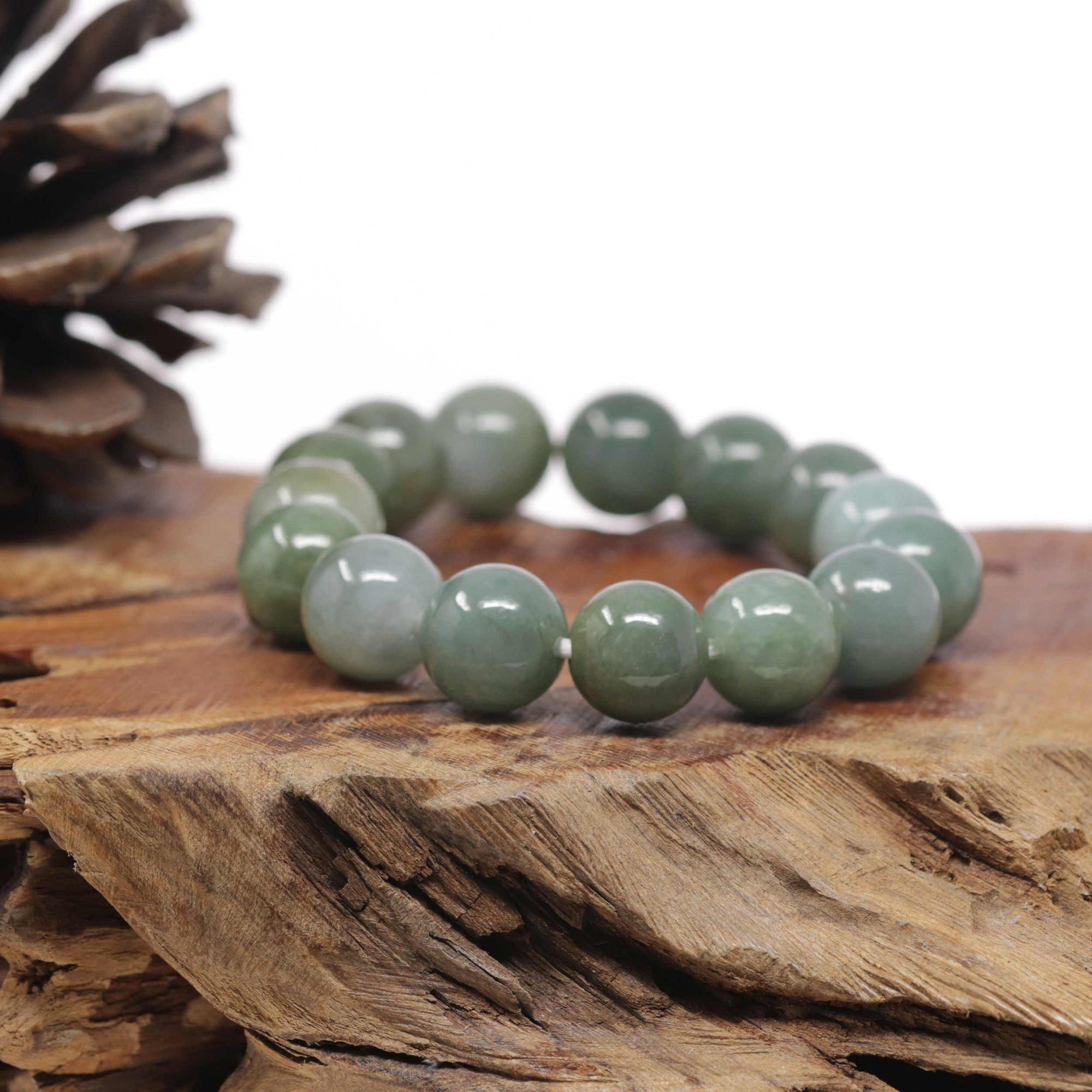 Baikalla Natural Green Jadeite Jade Round Bead Bracelet (13mm)