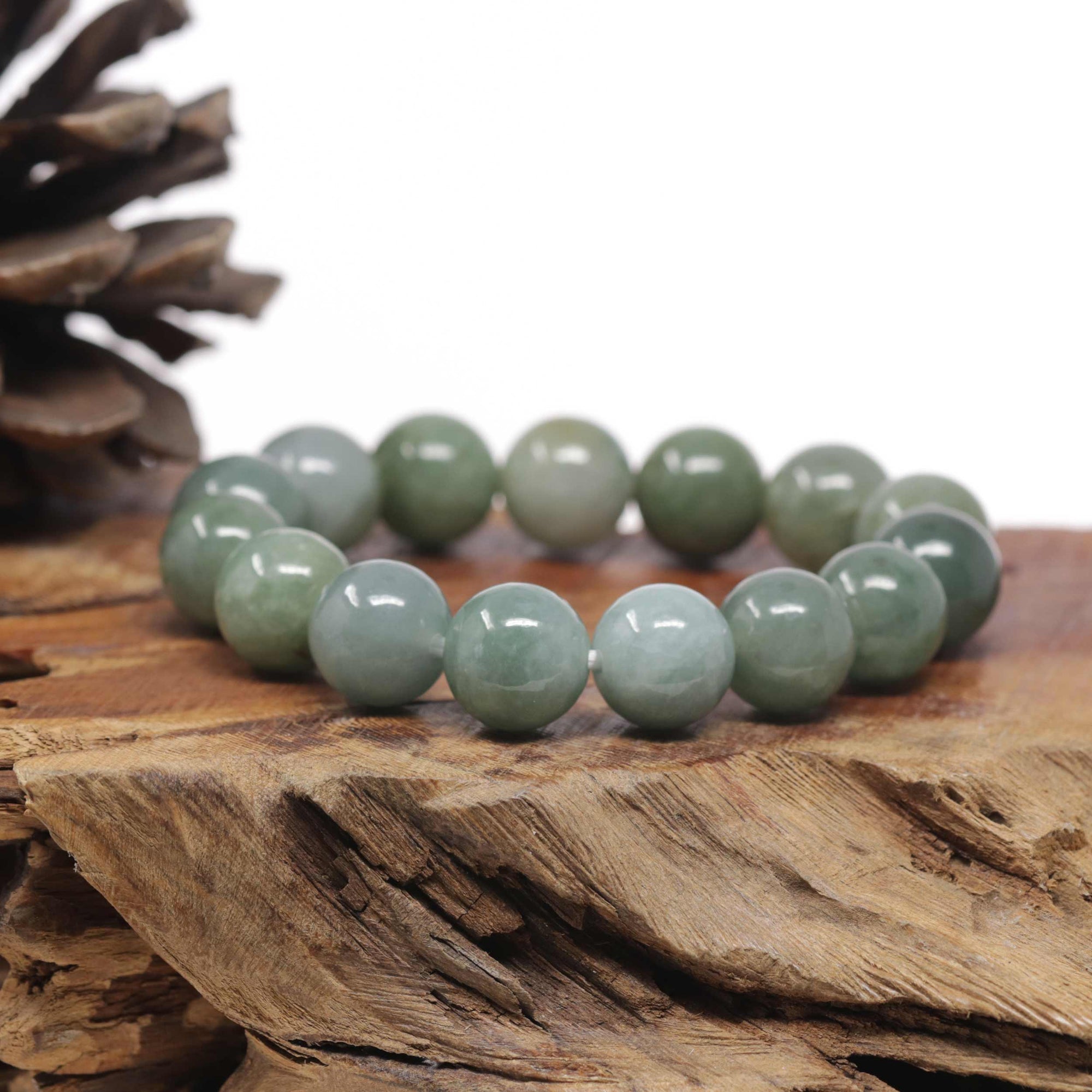 Baikalla Natural Green Jadeite Jade Round Bead Bracelet (13mm)