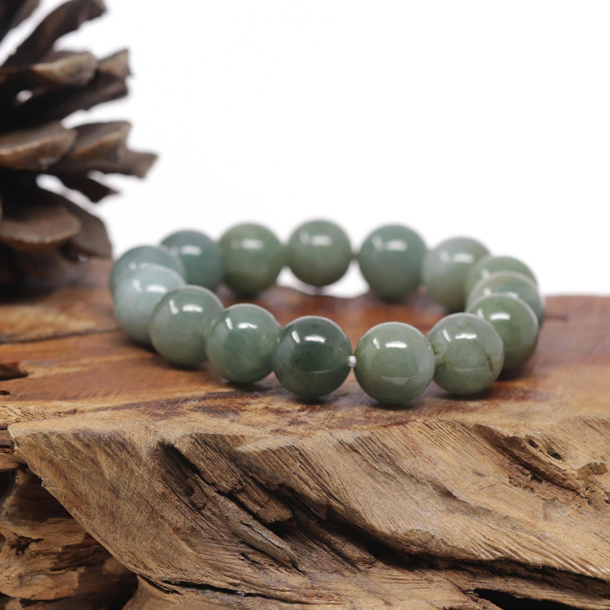 Baikalla Natural Green Jadeite Jade Round Bead Bracelet (13mm)