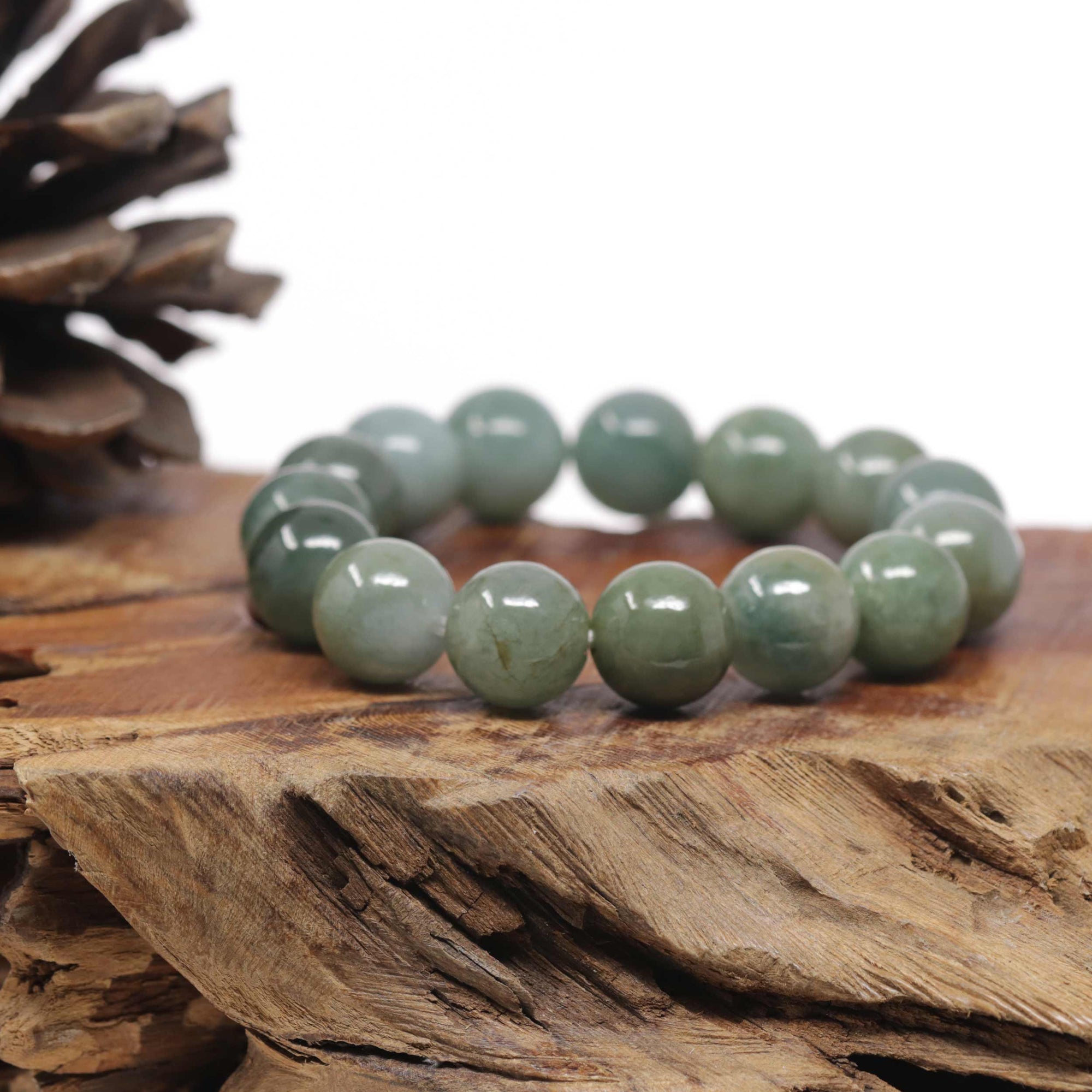 Baikalla Natural Green Jadeite Jade Round Bead Bracelet (13mm)