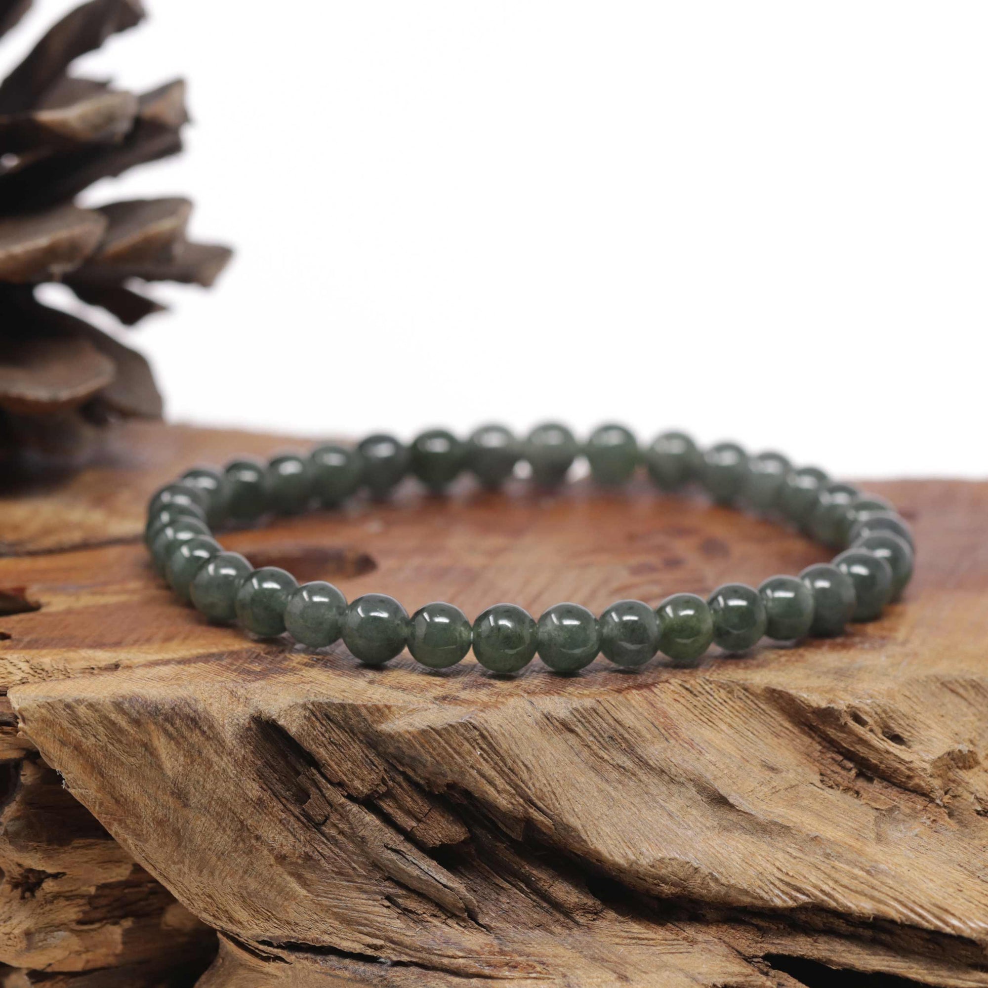Baikalla Natural Icy Deep Oil-Green Jadeite Jade Round Bead Bracelet (6.9mm)