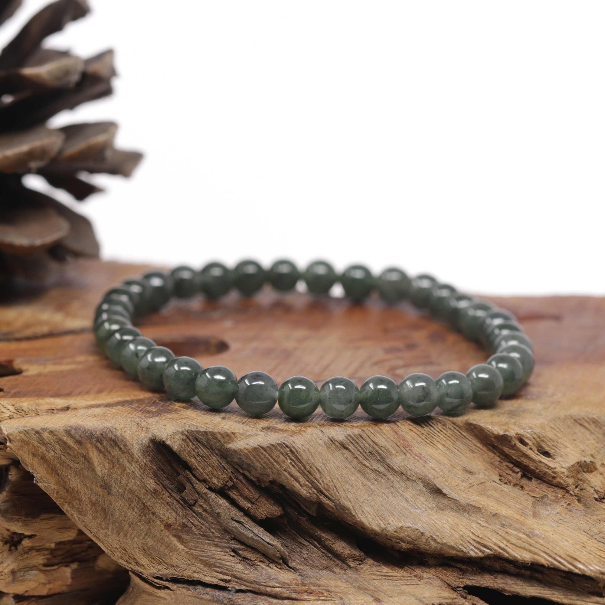 Baikalla Natural Icy Deep Oil-Green Jadeite Jade Round Bead Bracelet (6.9mm)