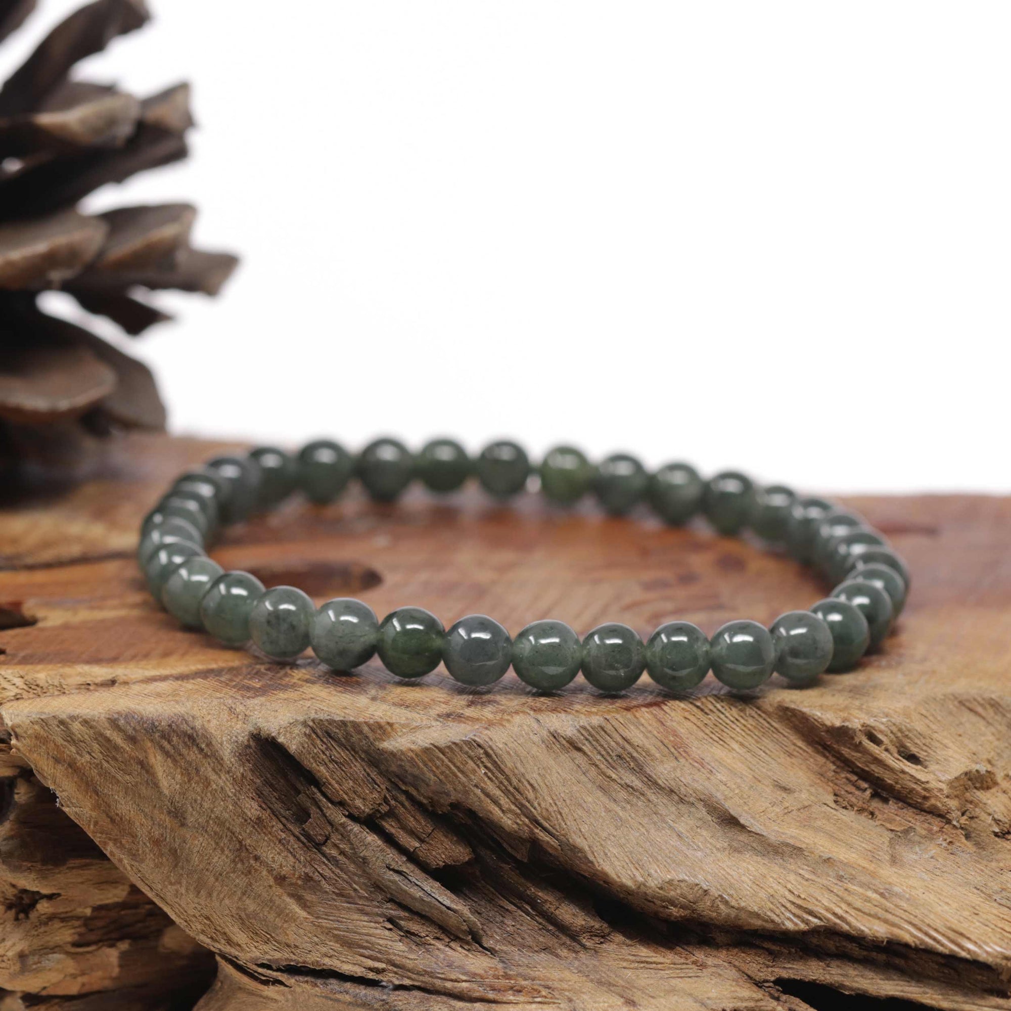 Baikalla Natural Icy Deep Oil-Green Jadeite Jade Round Bead Bracelet (6.9mm)