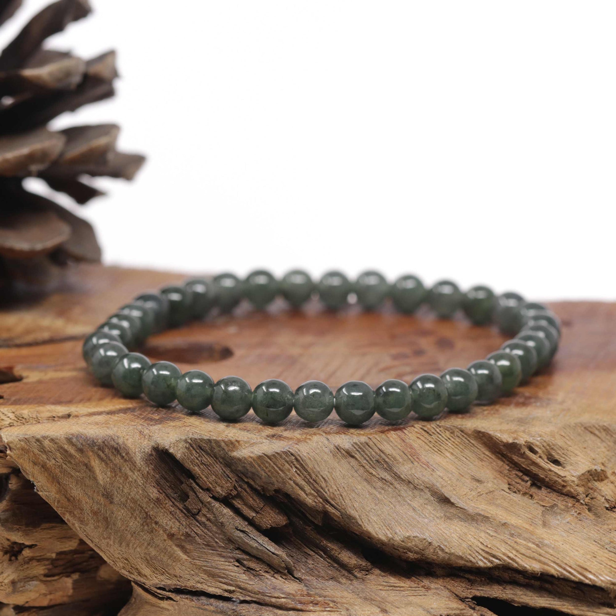Baikalla Natural Icy Deep Oil-Green Jadeite Jade Round Bead Bracelet (6.9mm)