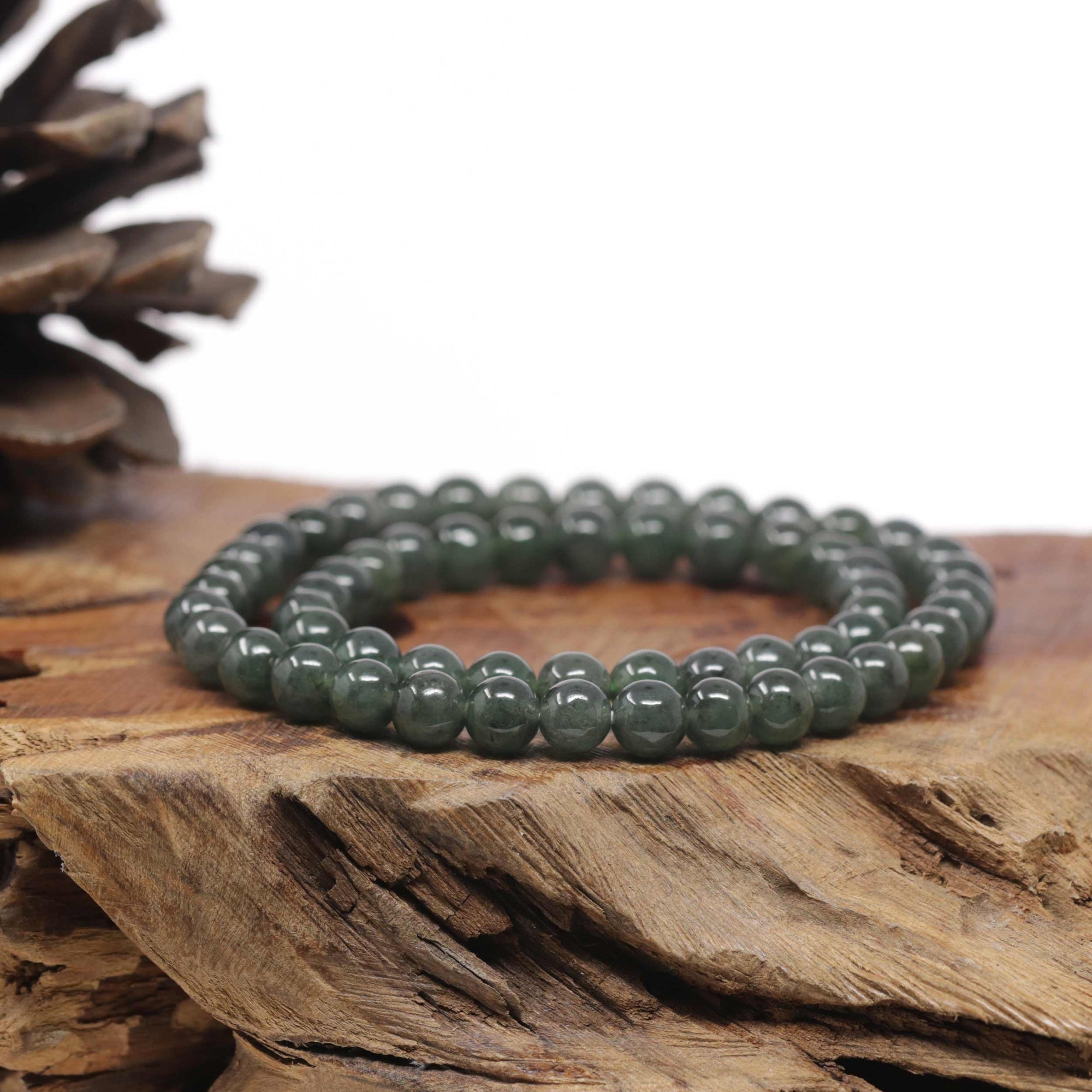 Baikalla Natural Icy Deep Oil-Green Jadeite Jade Round Bead Bracelet (6.9mm)