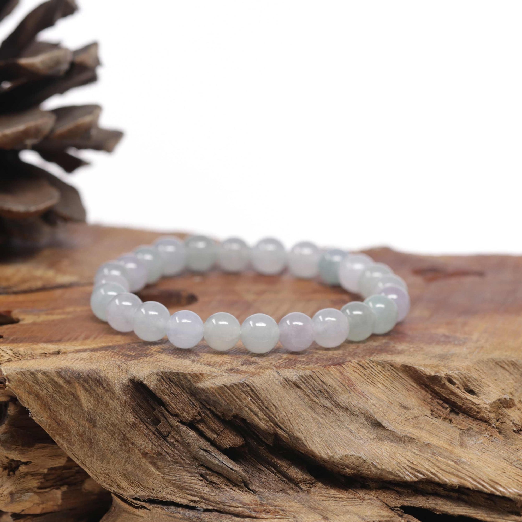 Baikalla Natural Icy Light Lavender &amp; Green Jadeite Jade Round Bead Bracelet (7.5mm)