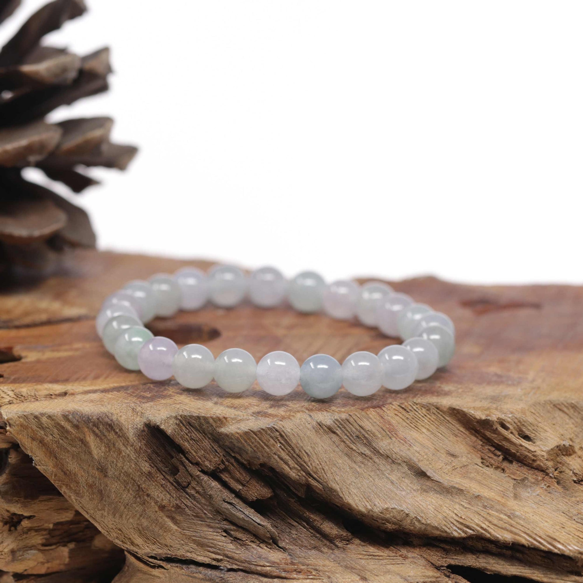 Baikalla Natural Icy Light Lavender &amp; Green Jadeite Jade Round Bead Bracelet (7.5mm)