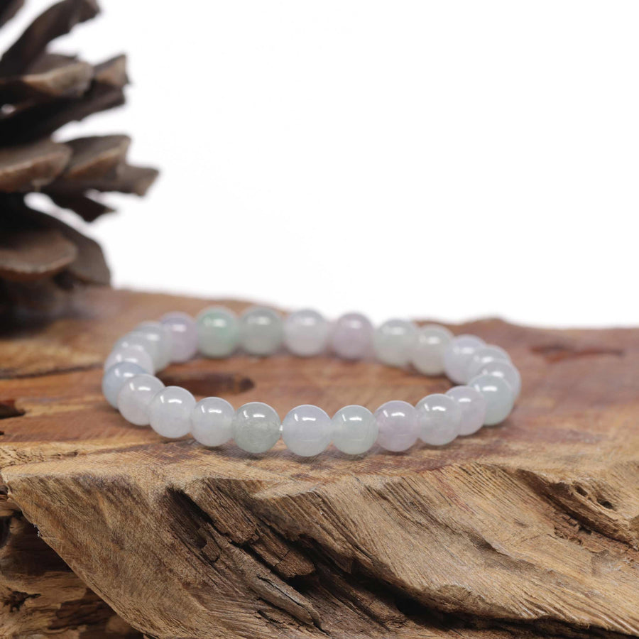 Baikalla Natural Icy Light Lavender & Green Jadeite Jade Round Bead Bracelet (7.5mm)