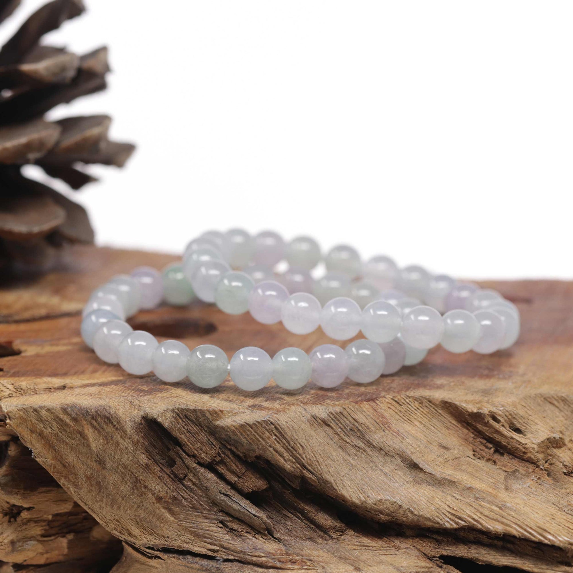 Baikalla Natural Icy Light Lavender &amp; Green Jadeite Jade Round Bead Bracelet (7.5mm)