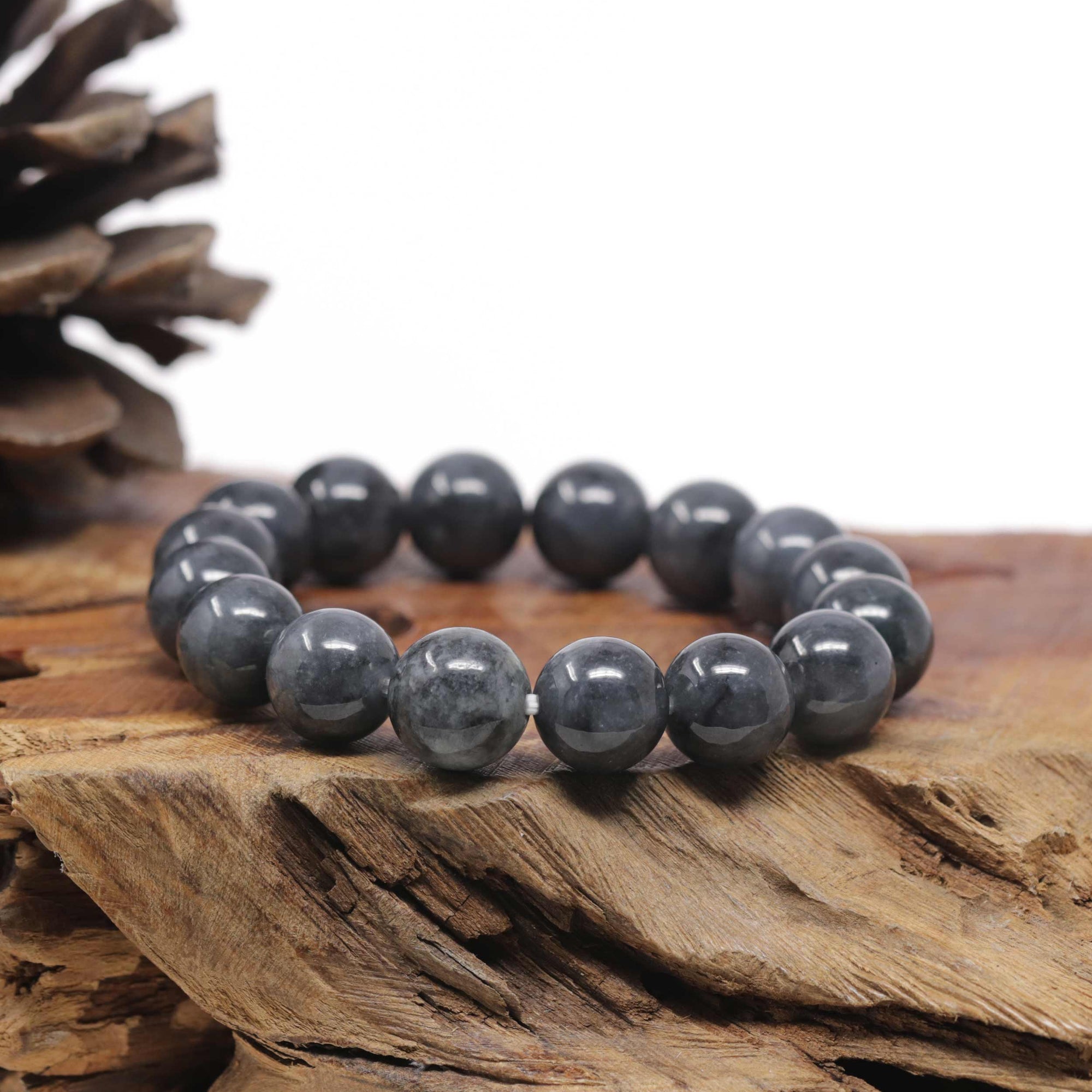 Baikalla Natural Black Wuji Jadeite Jade Round Bead Bracelet (12mm)
