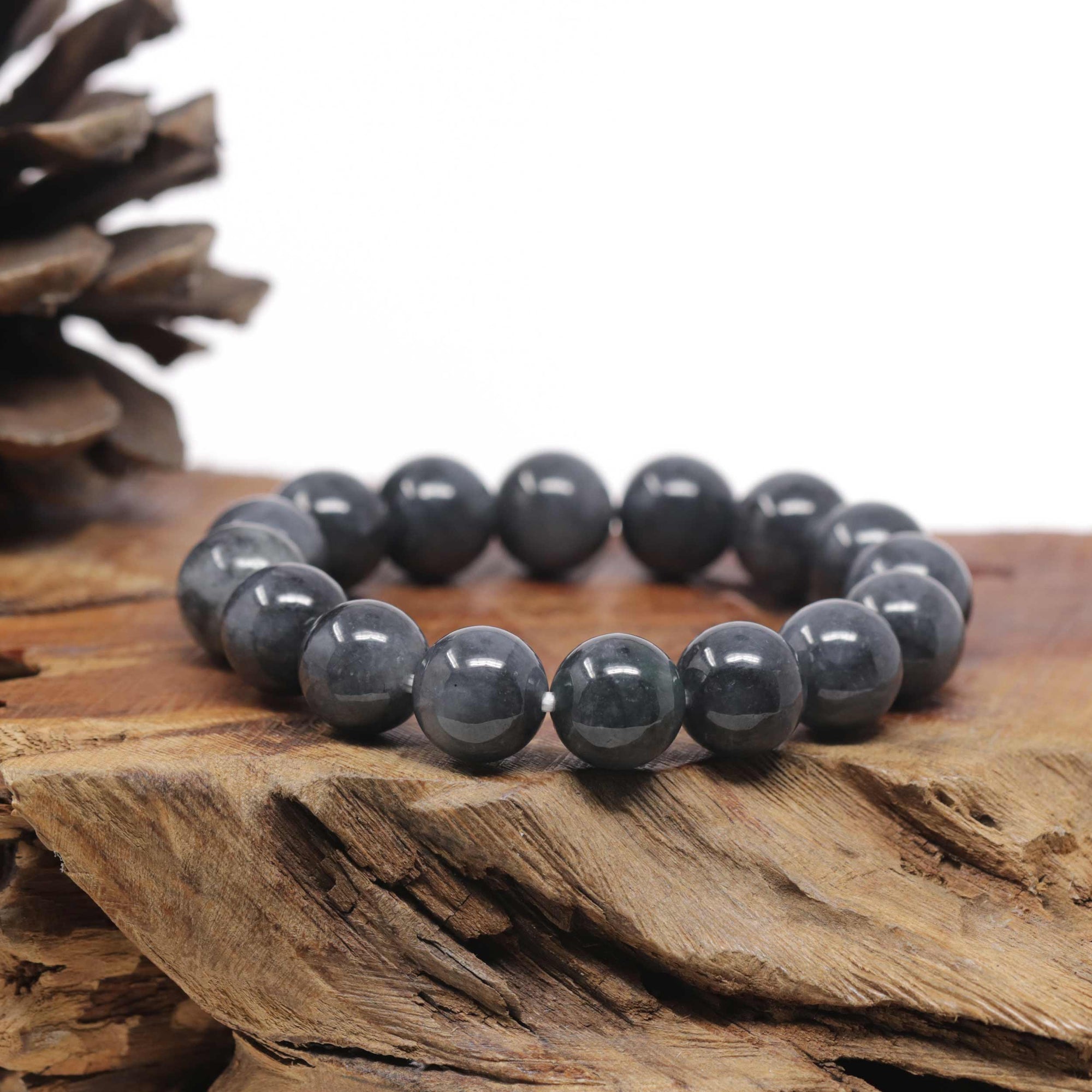 Baikalla Natural Black Wuji Jadeite Jade Round Bead Bracelet (12mm)