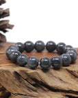 Baikalla Natural Black Wuji Jadeite Jade Round Bead Bracelet (12mm)