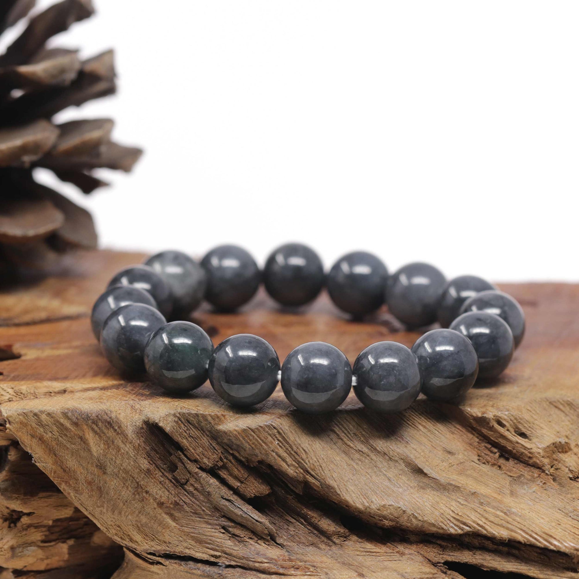 Baikalla Natural Black Wuji Jadeite Jade Round Bead Bracelet (12mm)