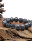 Baikalla Natural Black Wuji Jadeite Jade Round Bead Bracelet (12mm)