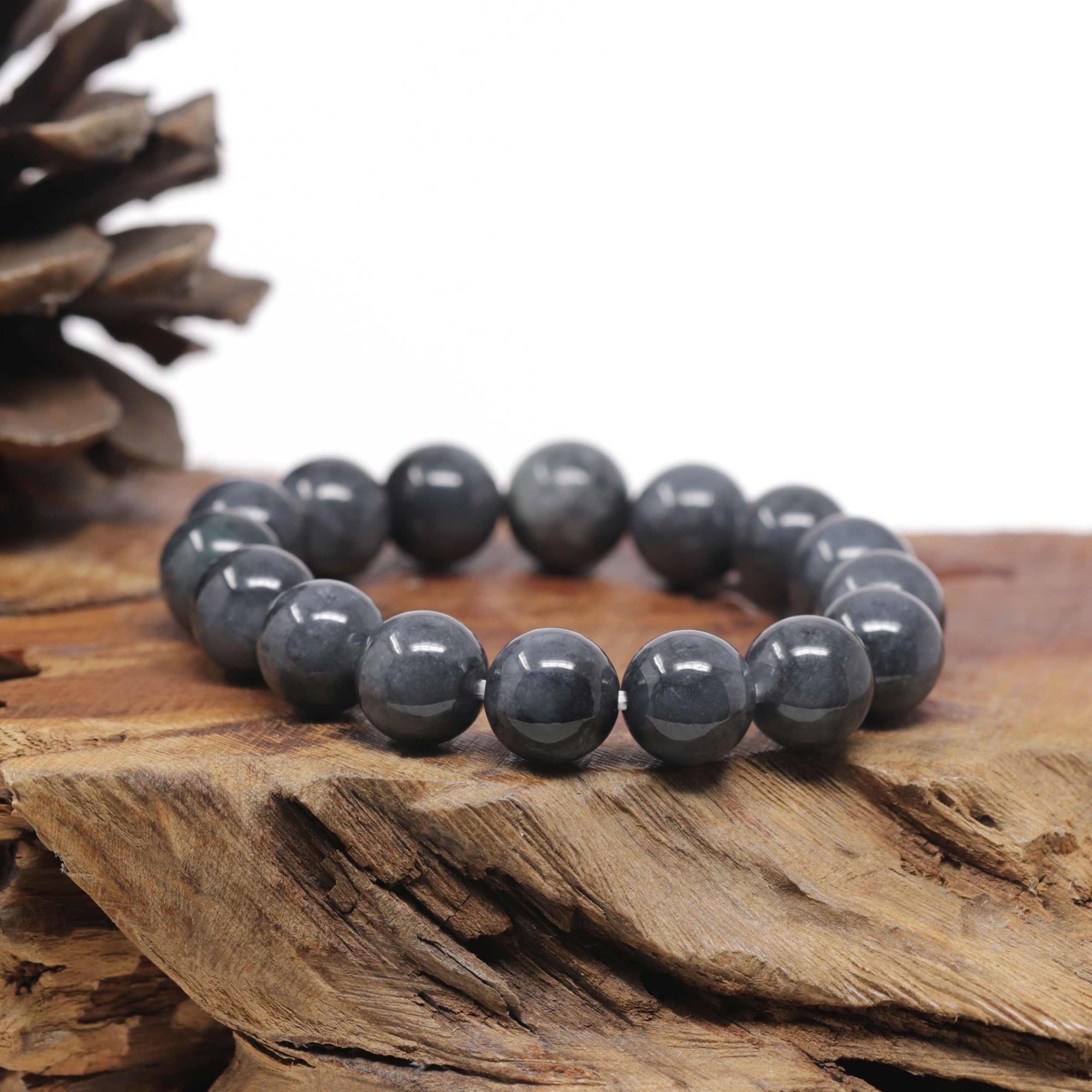 Baikalla Natural Black Wuji Jadeite Jade Round Bead Bracelet (12mm)
