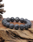Baikalla Natural Black Wuji Jadeite Jade Round Bead Bracelet (12mm)