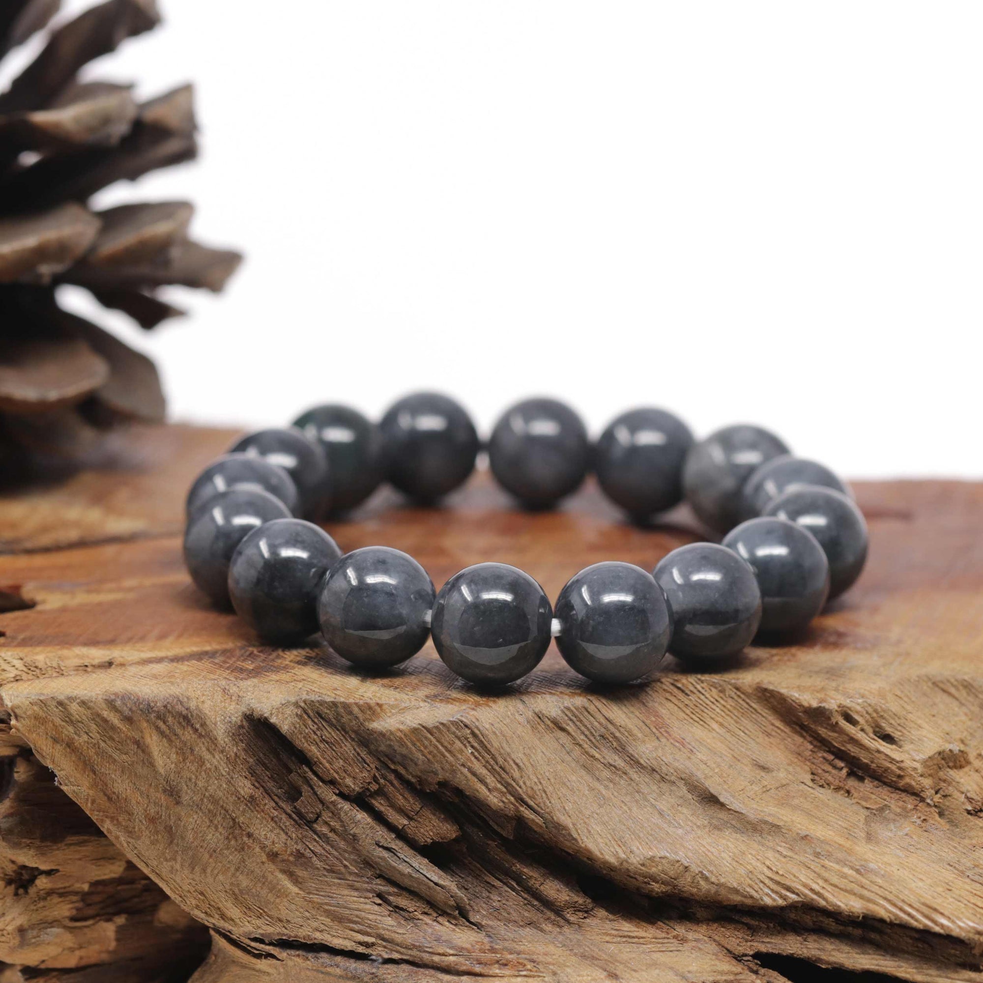 Baikalla Natural Black Wuji Jadeite Jade Round Bead Bracelet (12mm)