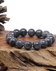 Baikalla Natural Black Wuji Jadeite Jade Round Bead Bracelet (12mm)