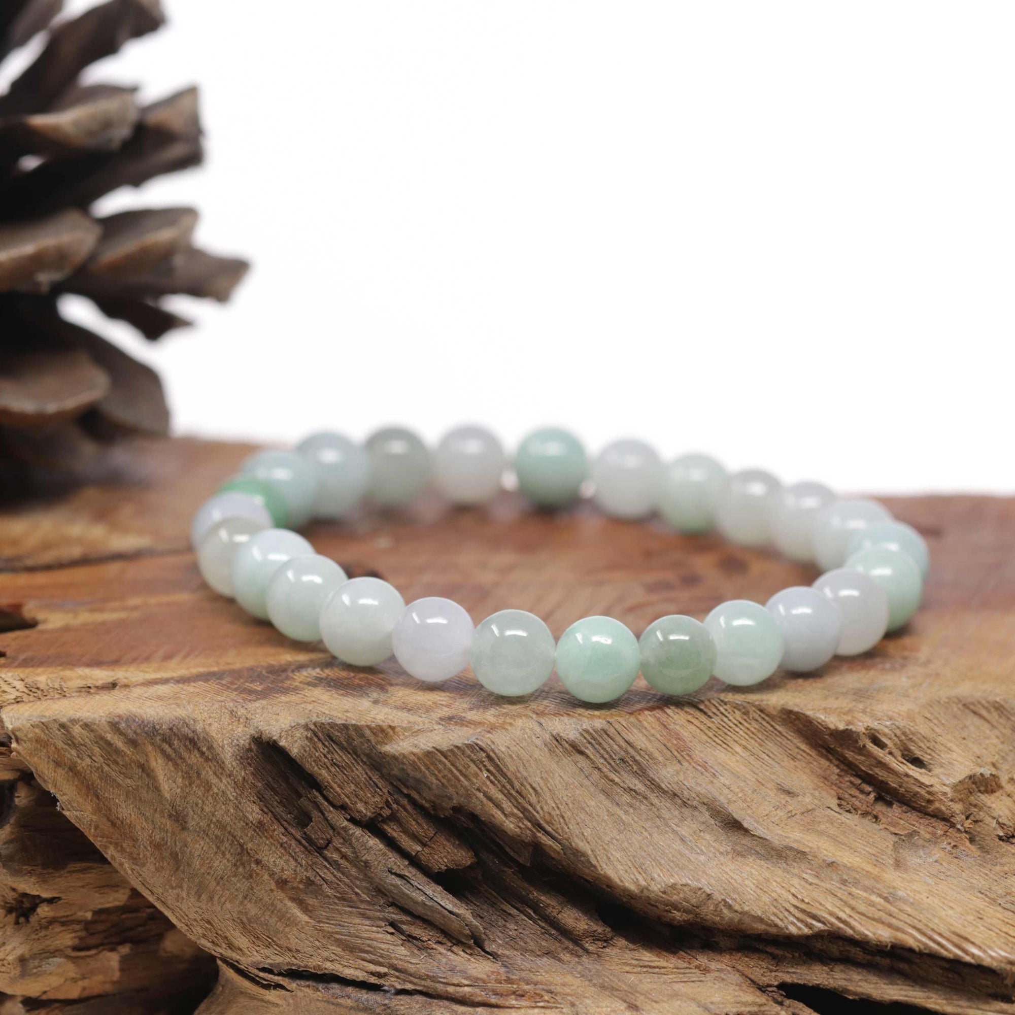 Baikalla Natural Green &amp; Icy Jadeite Jade Round Bead Bracelet (9mm)