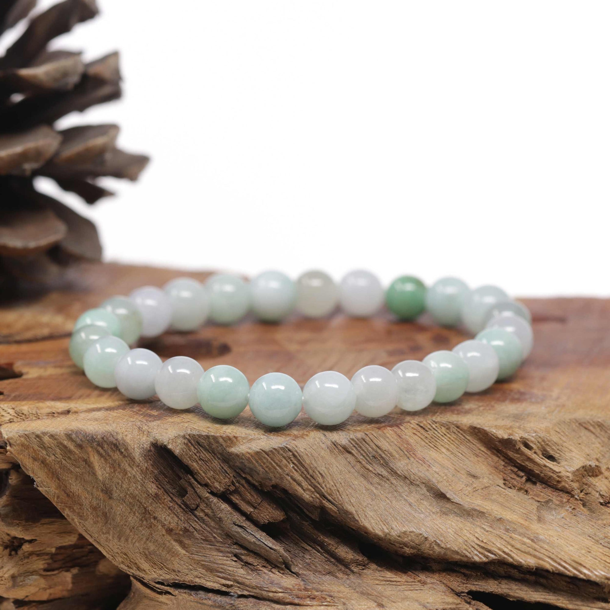 Baikalla Natural Green &amp; Icy Jadeite Jade Round Bead Bracelet (9mm)
