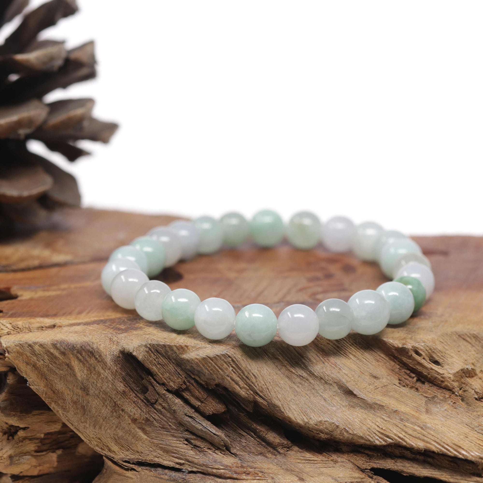 Baikalla Natural Green &amp; Icy Jadeite Jade Round Bead Bracelet (9mm)