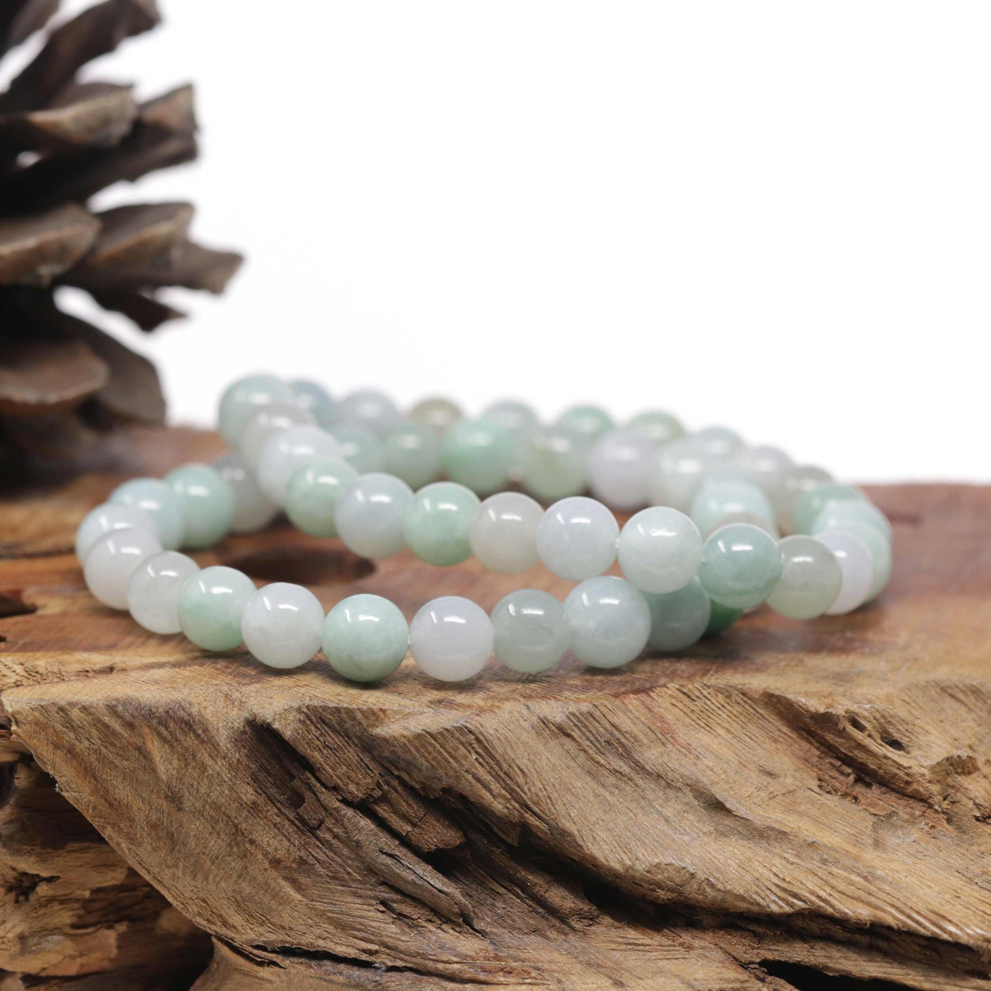 Baikalla Natural Green &amp; Icy Jadeite Jade Round Bead Bracelet (9mm)
